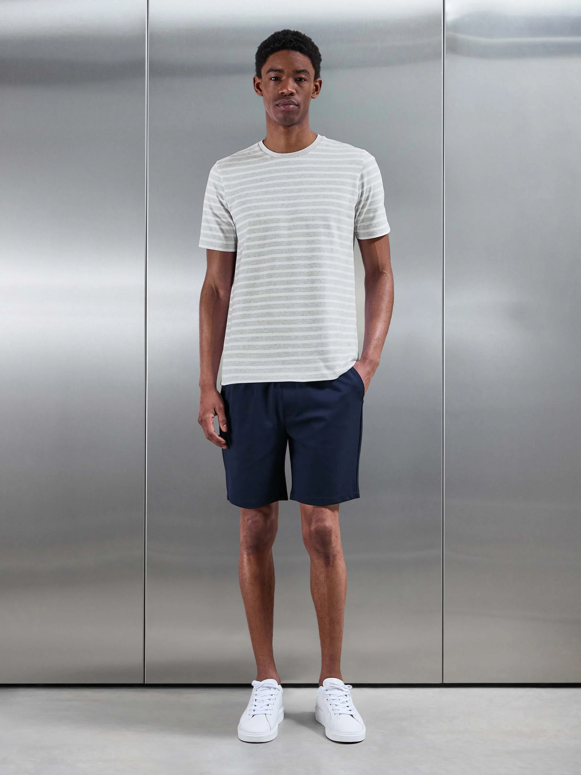 Basic Stripe T-Shirt in Marl Grey White - Image 2