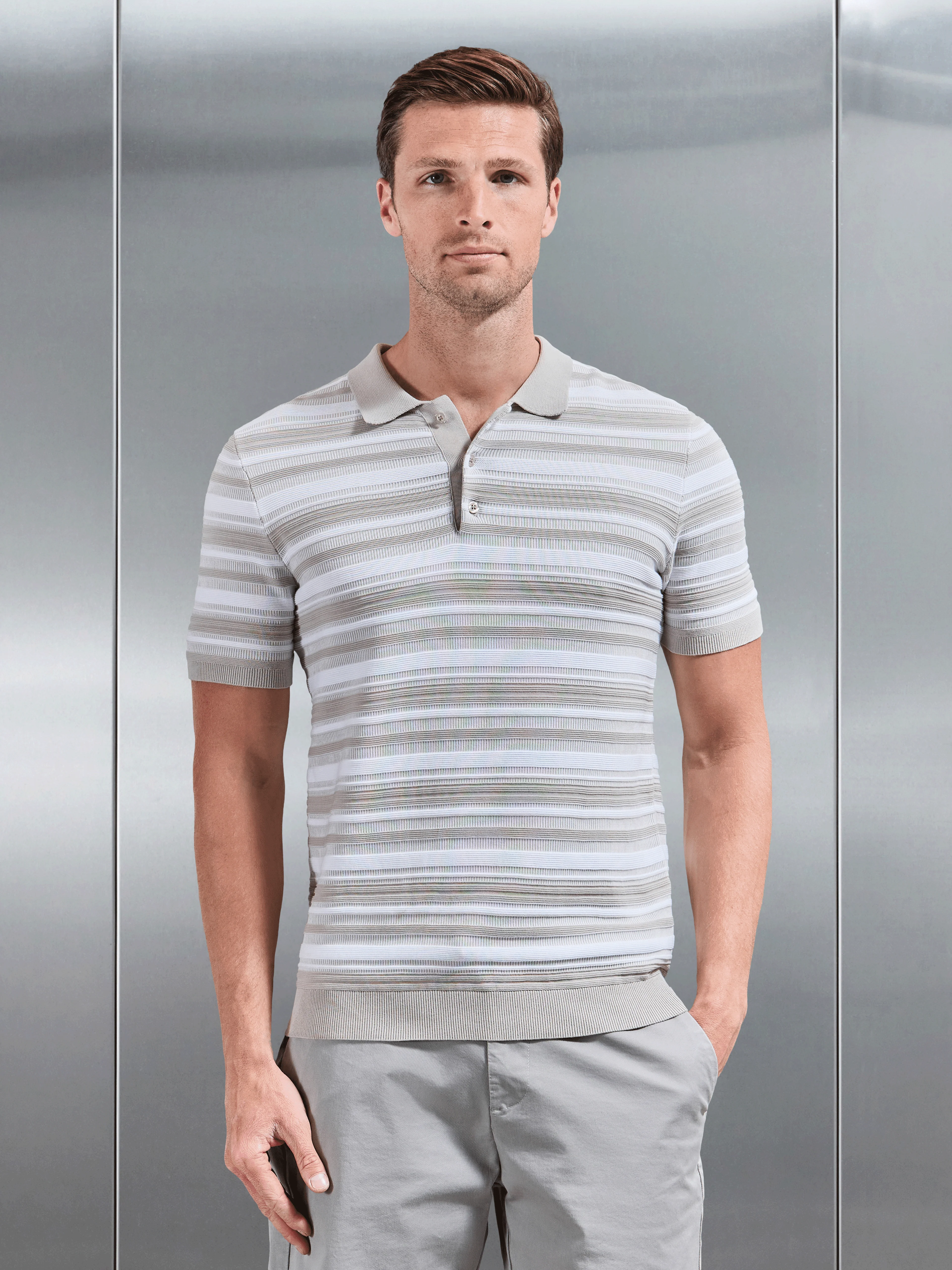 Bellano Knitted Textured Stripe Polo Shirt in Stone