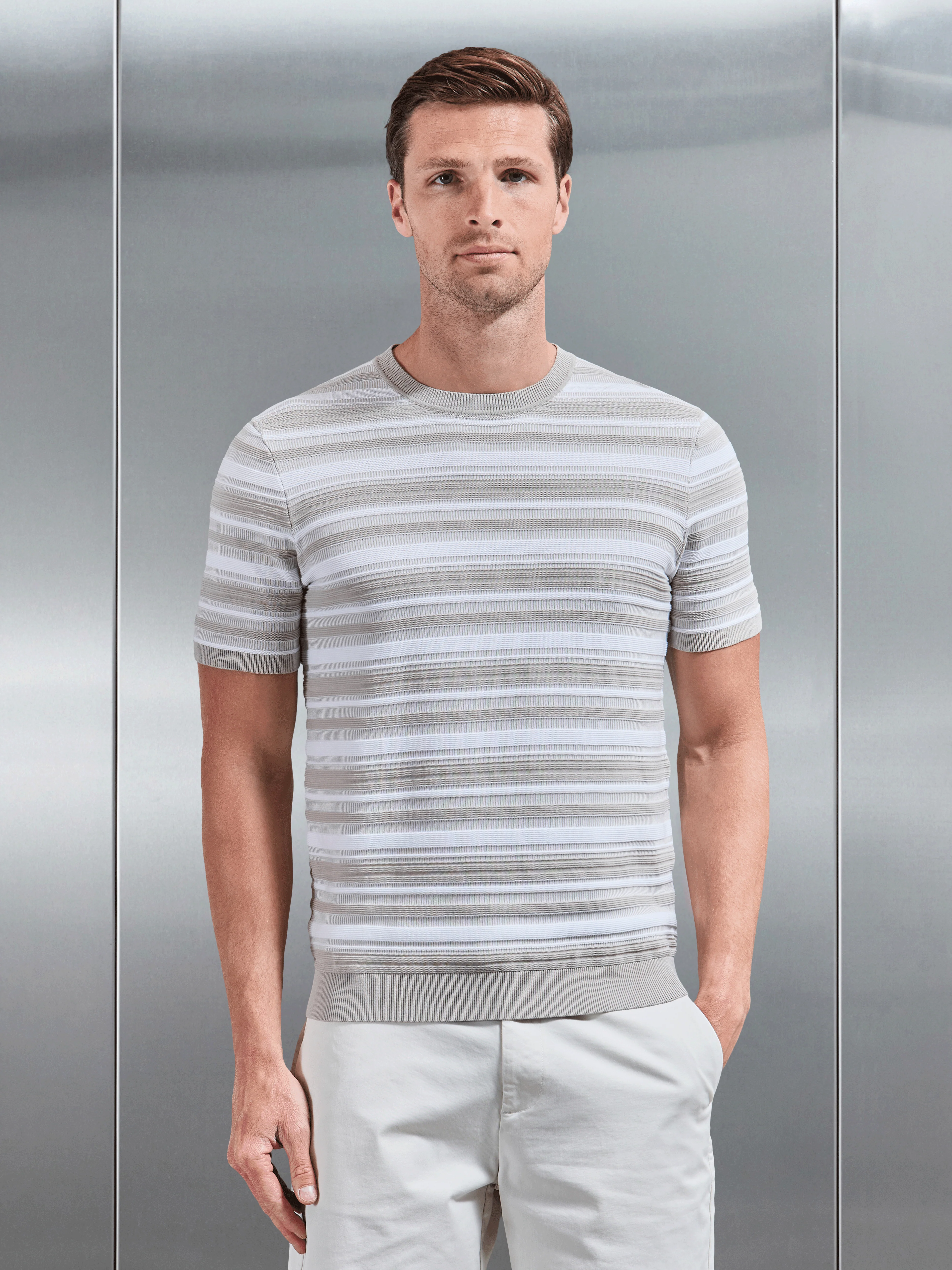 Bellano Knitted Textured Stripe T-Shirt in Stone