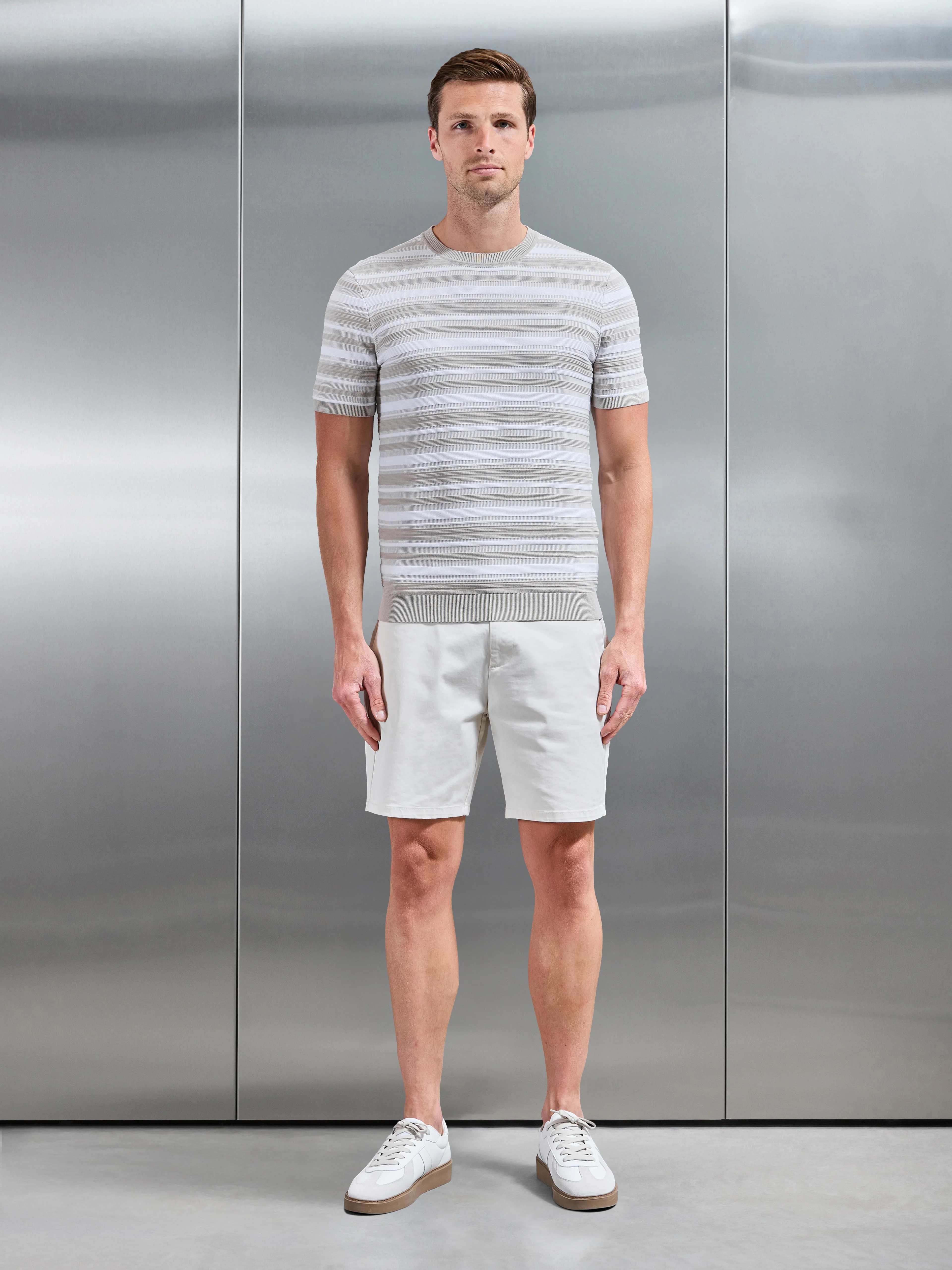 Bellano Knitted Textured Stripe T-Shirt in Stone - Image 2