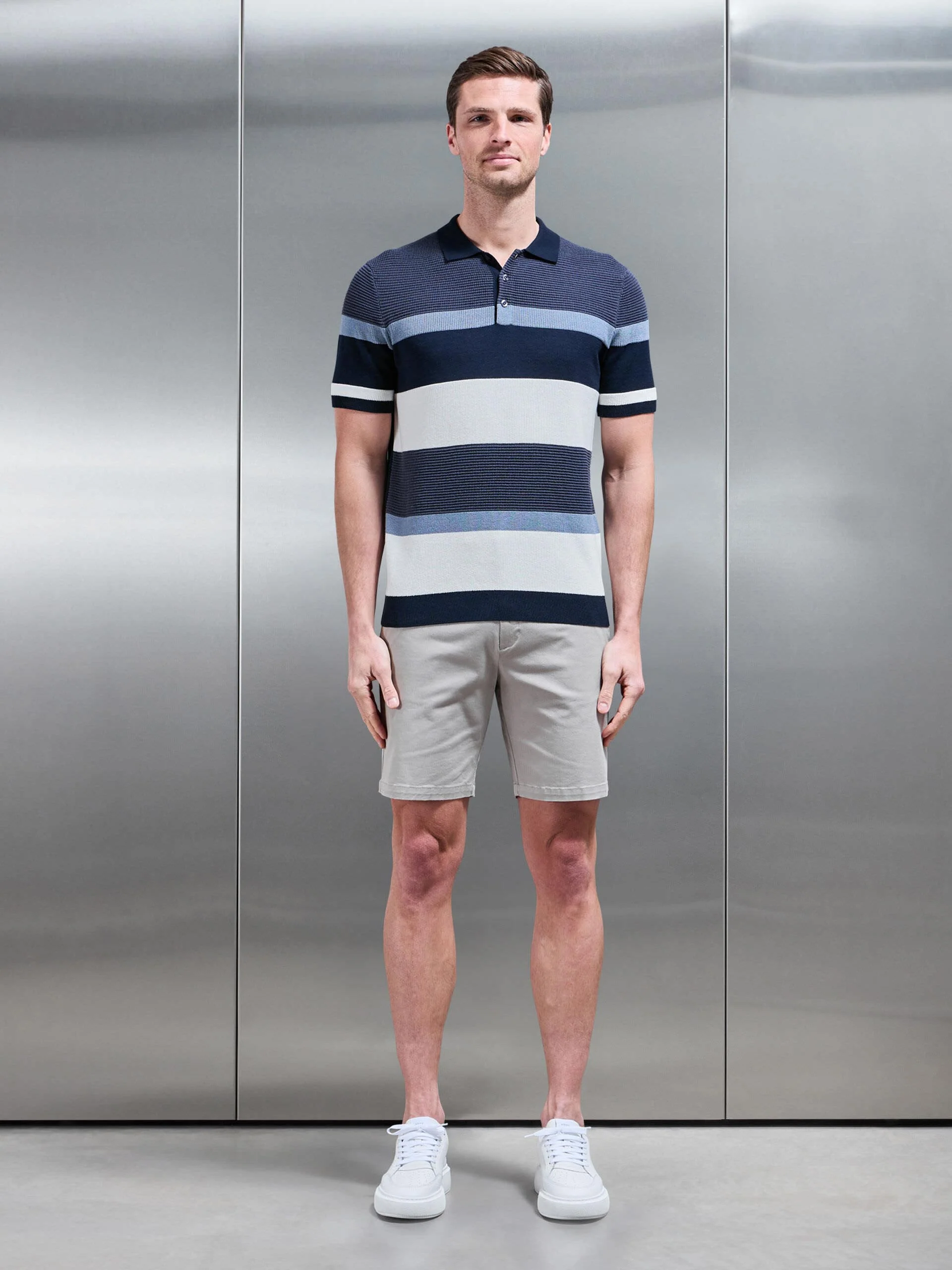 Calle Colour Block Knitted Polo Shirt in Navy - Image 2