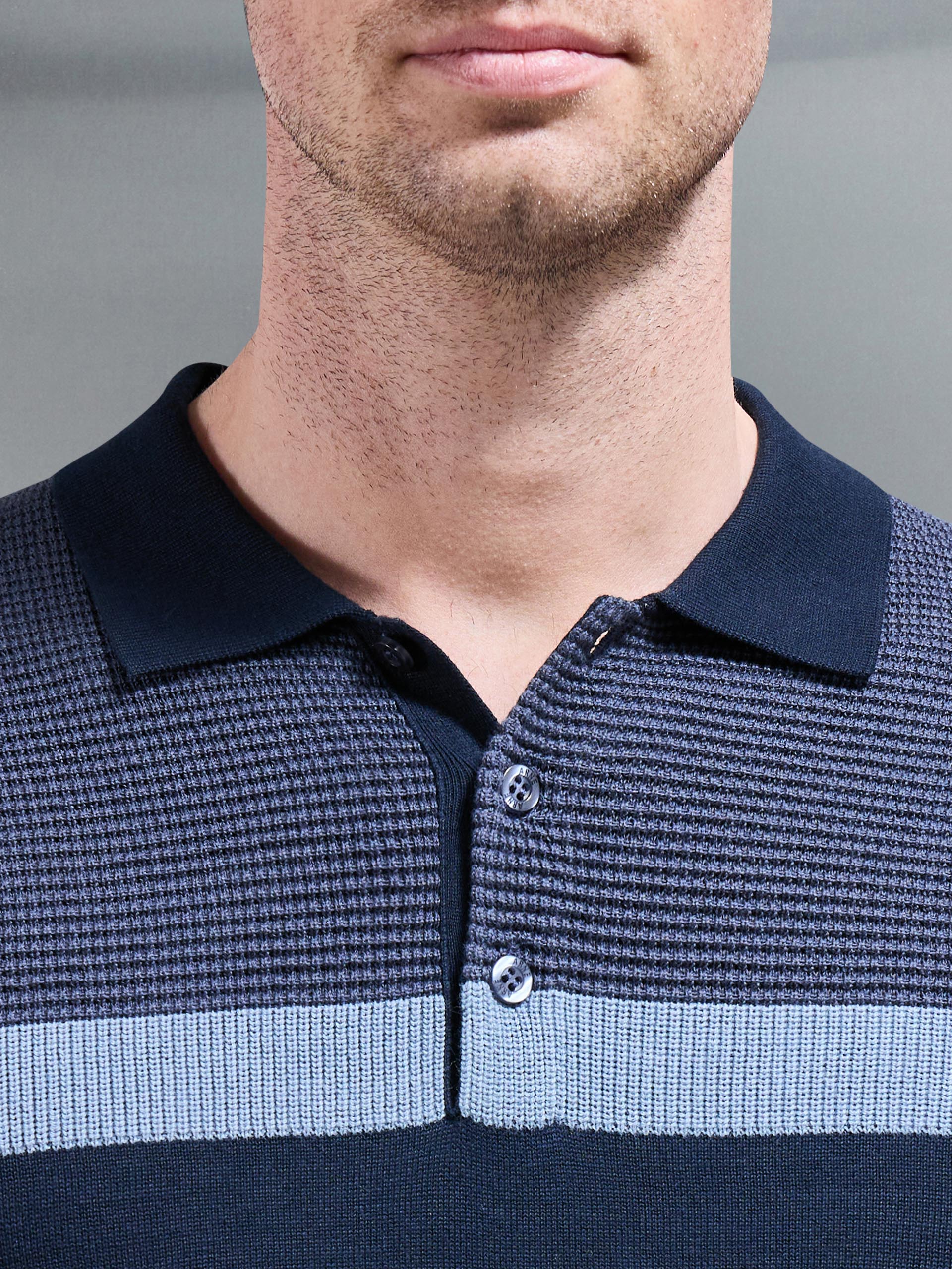 Calle Colour Block Knitted Polo Shirt in Navy - Image 3