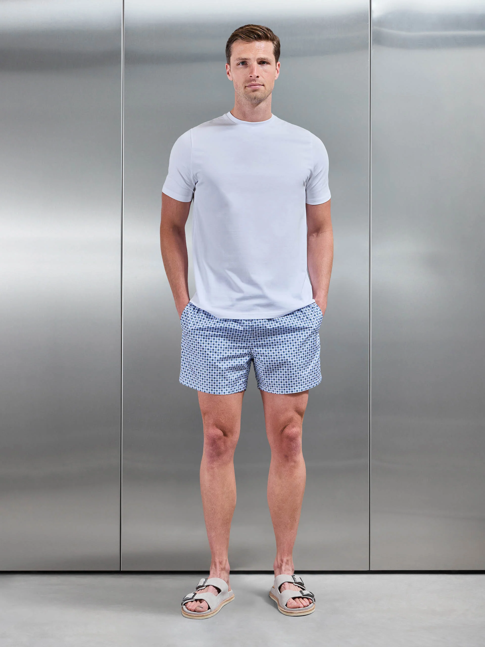 Capri Drawstring Printed Shell Swim Short in Light Blue - Image 2