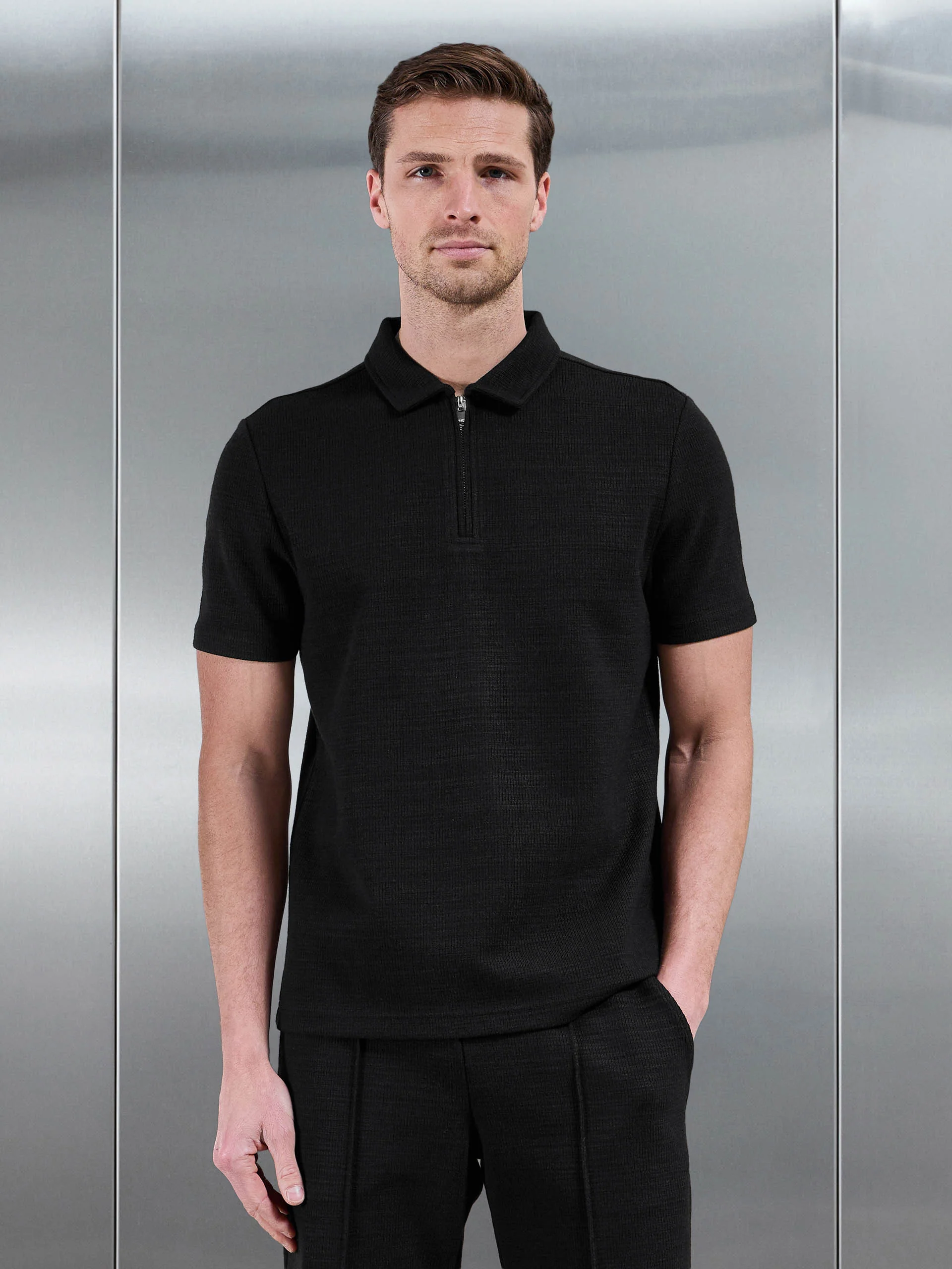 Cavour Textured Zip Polo Shirt in Black