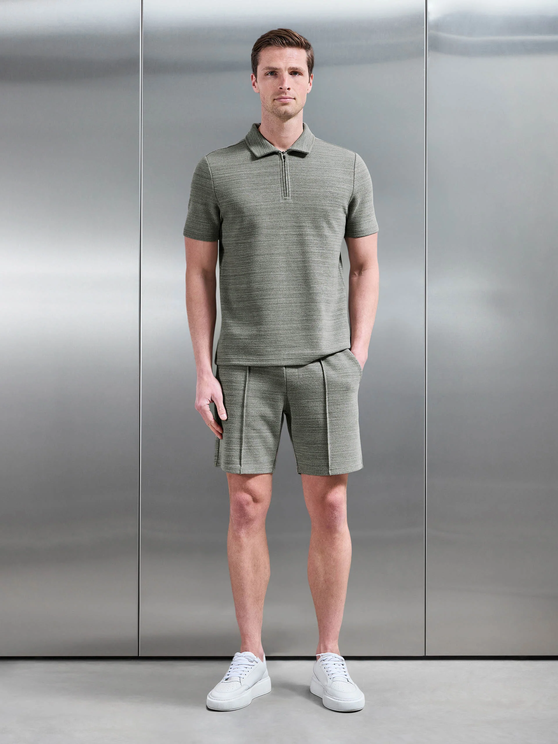 Cavour Textured Zip Polo Shirt in Olive - Image 2