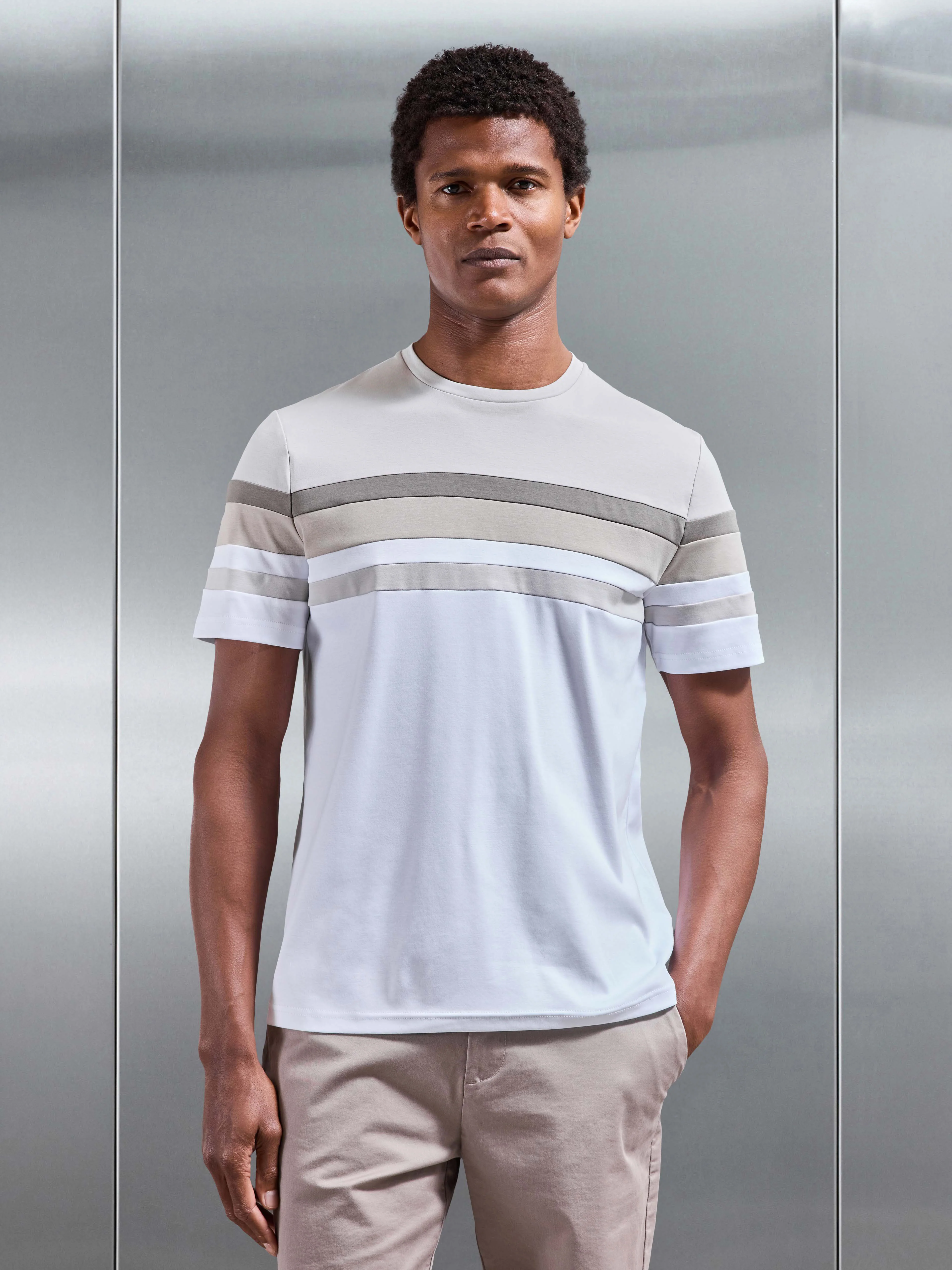 Colour Block Mercerised T-Shirt in Stone