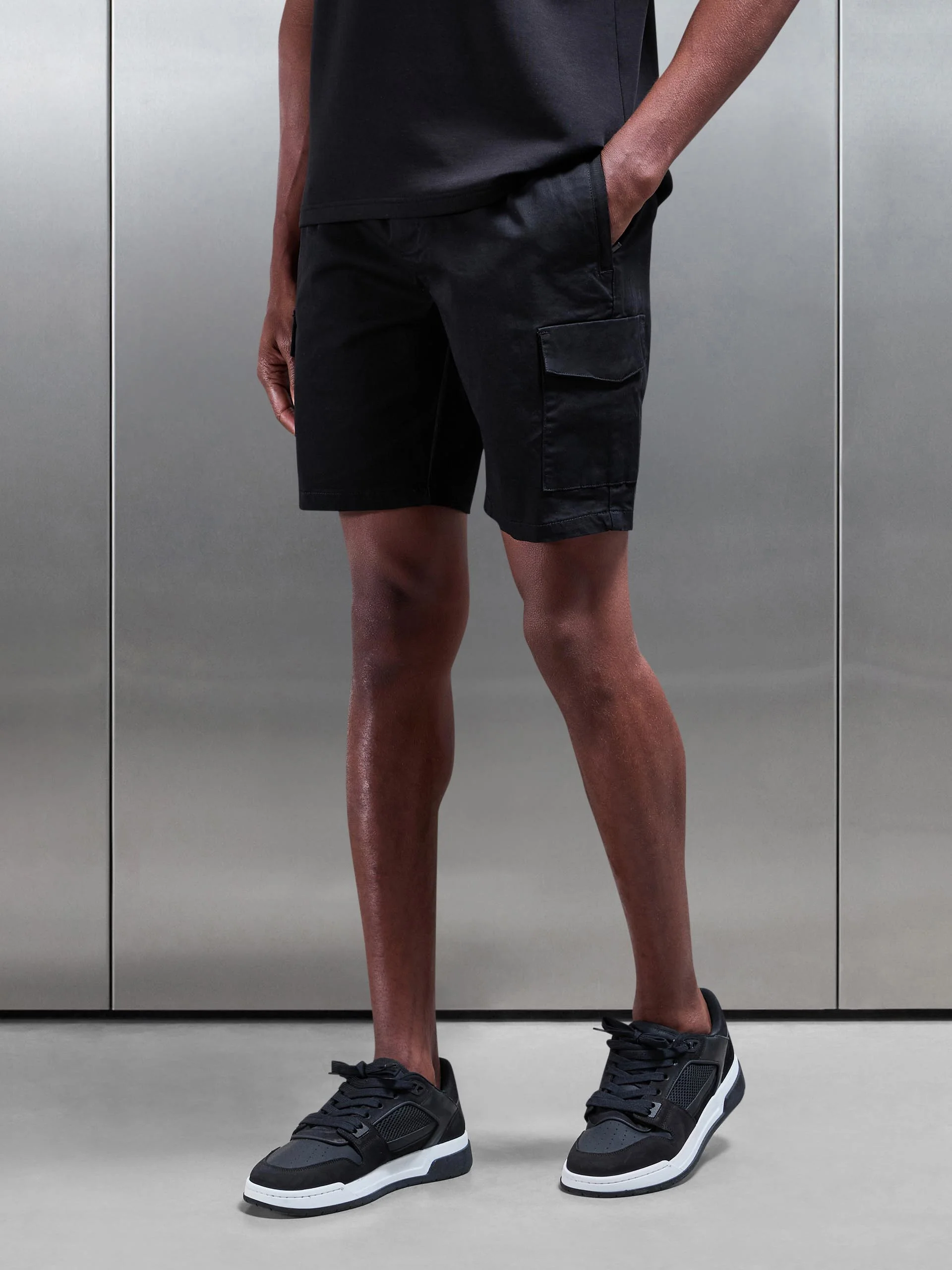 Cotton Drawstring Cargo Short in Black