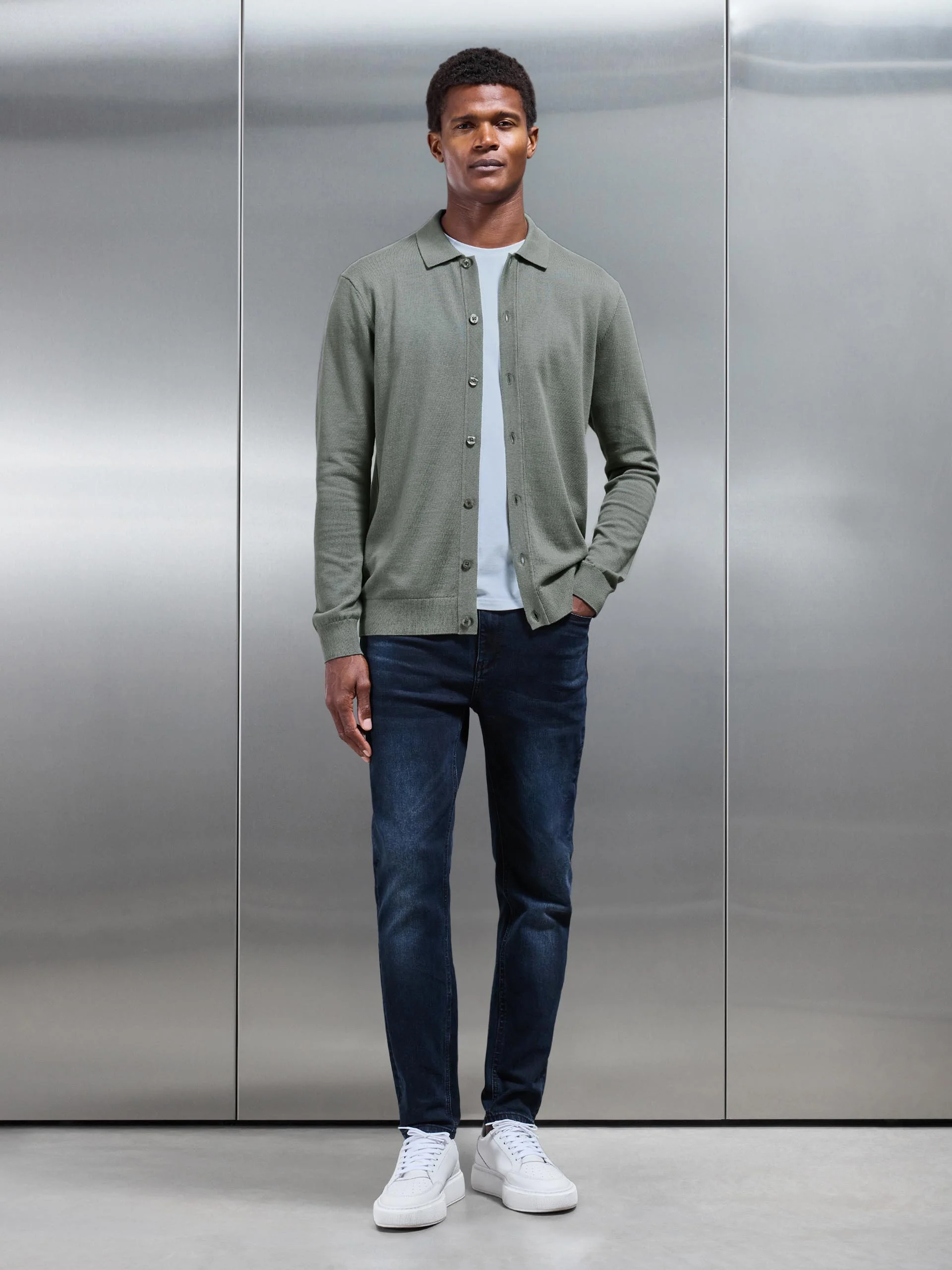 Cotton Knitted Button Through Shirt in Sage - Image 2