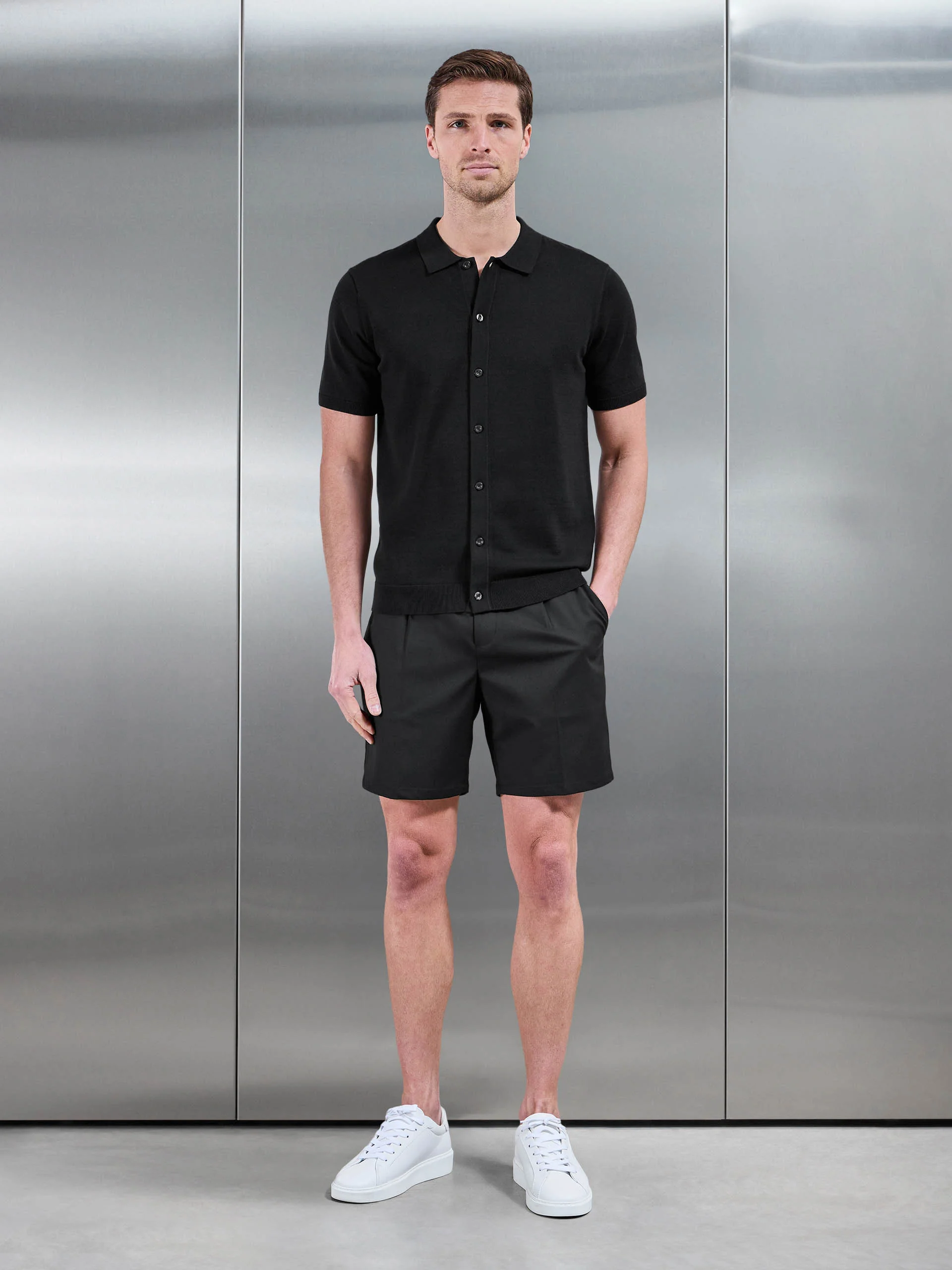 Cotton Knitted Button Through Short Sleeve Shirt in Black - Image 2
