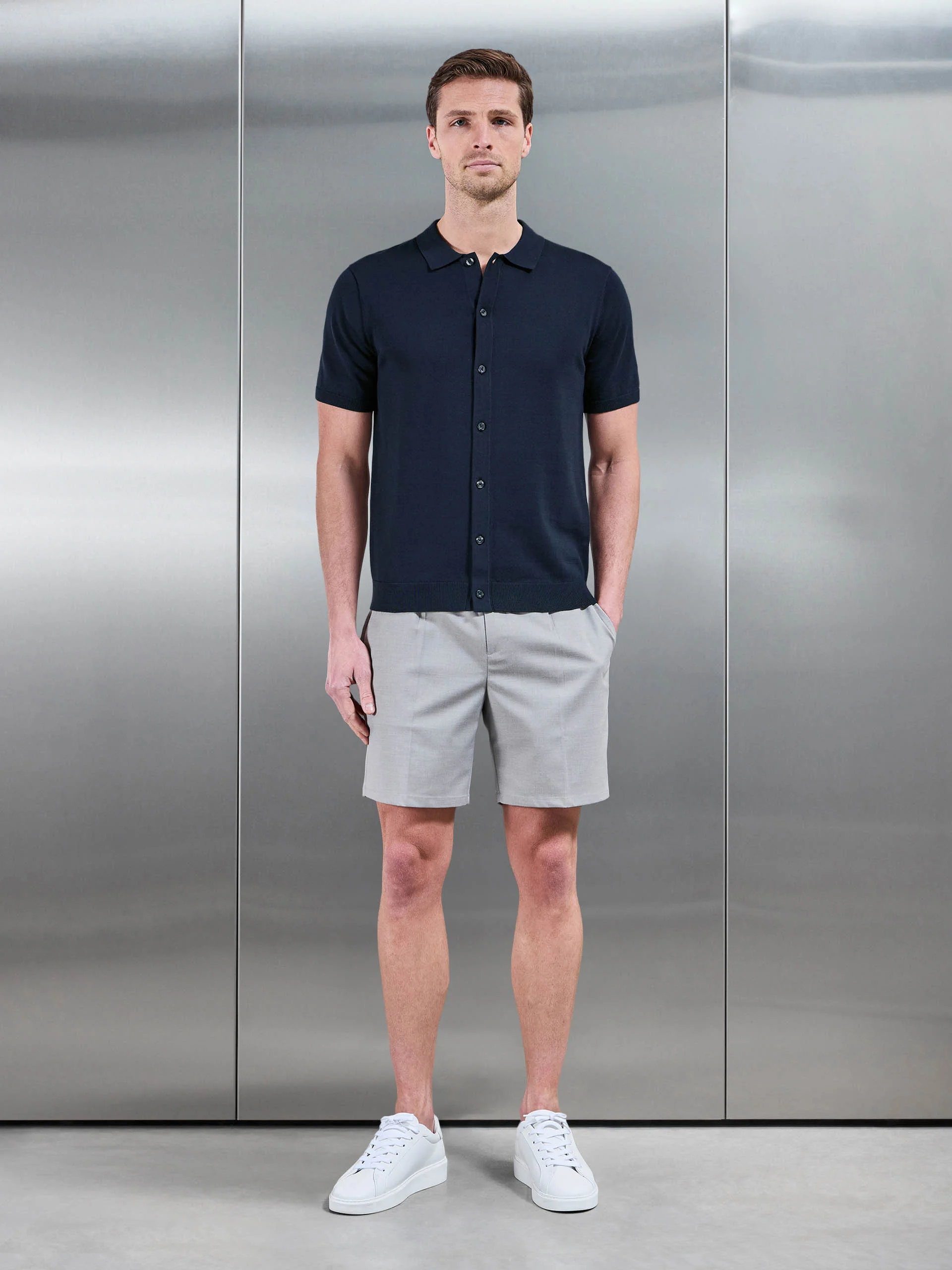 Cotton Knitted Button Through Short Sleeve Shirt in Navy - Image 2