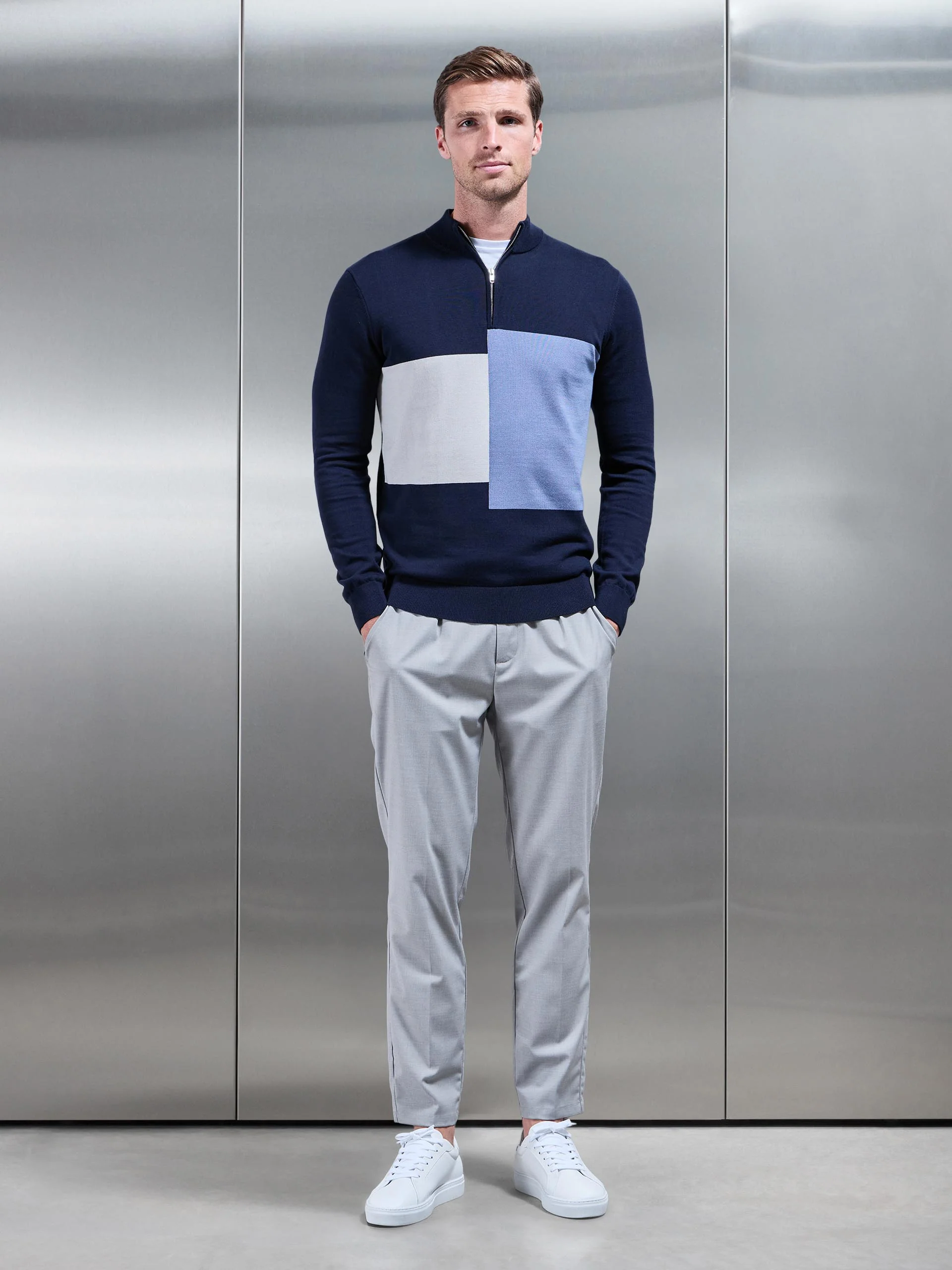 Cotton Knitted Colour Block Half Zip in Navy - Image 2
