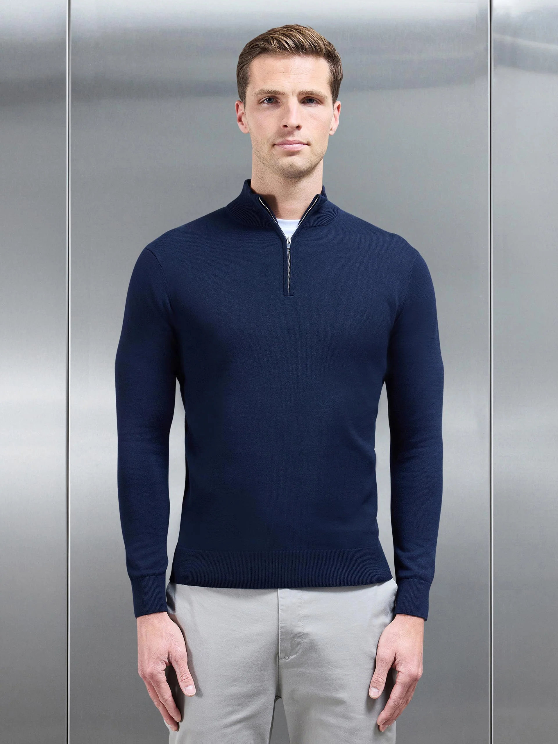 Cotton Knitted Half Zip Funnel Neck Jumper in Navy