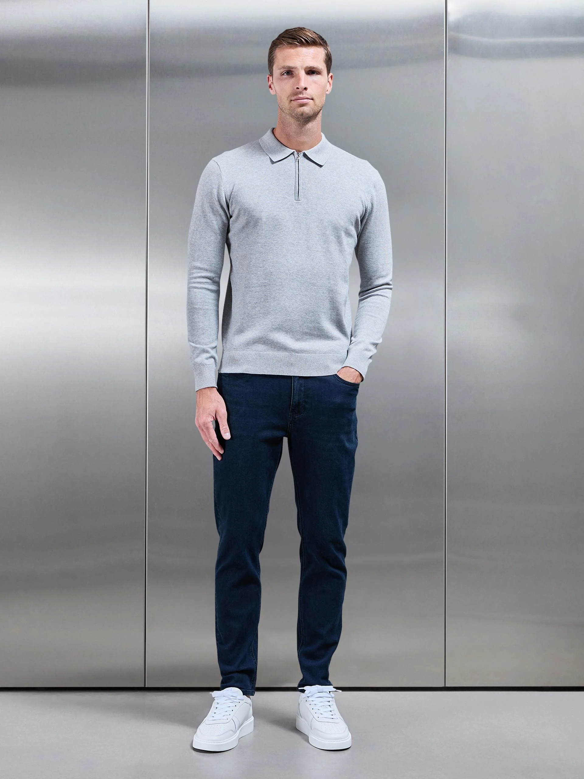 Cotton Knitted Long Sleeve Half Zip Polo Shirt in Marl Grey - Image 2