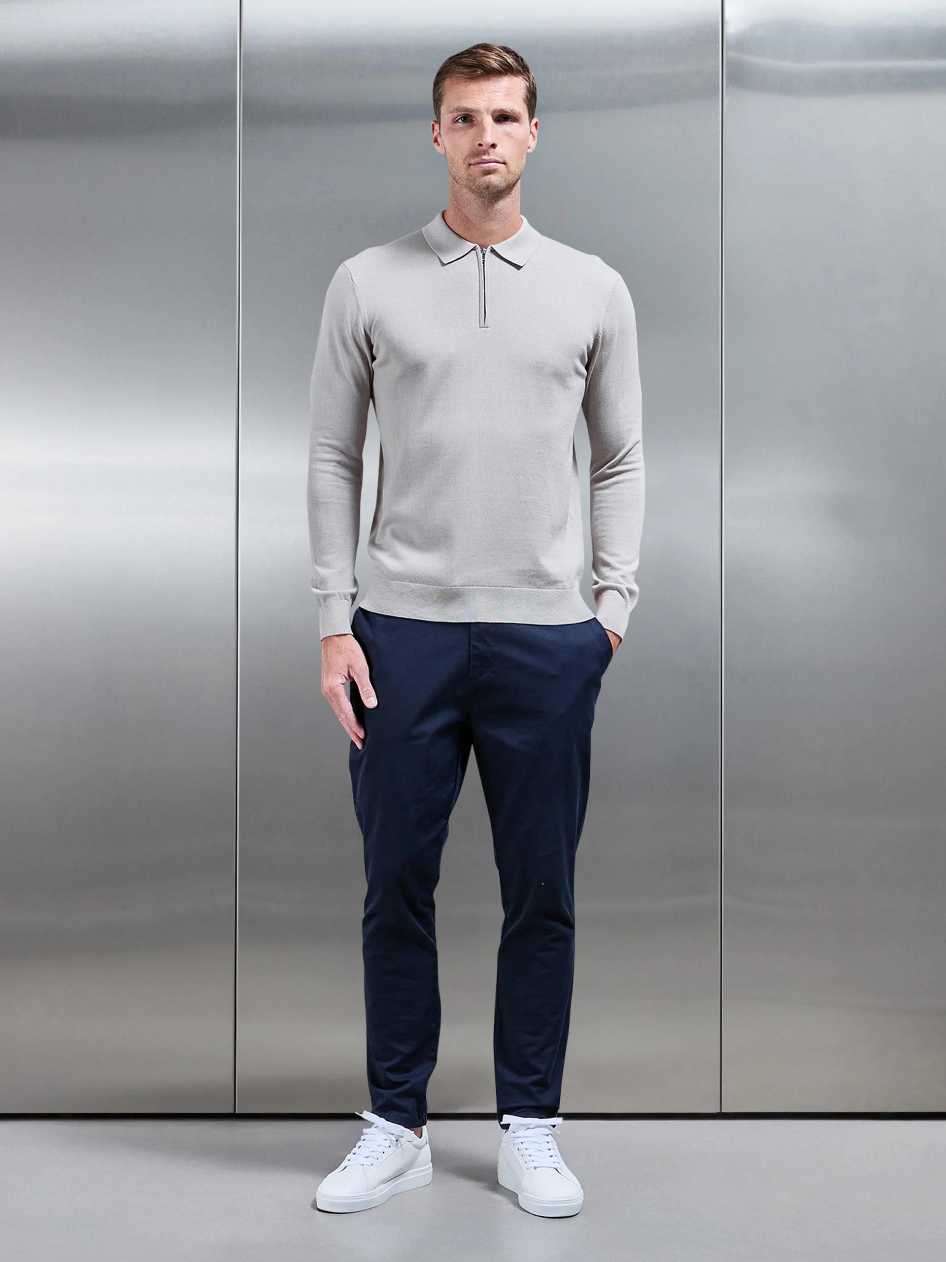 Cotton Knitted Long Sleeve Half Zip Polo Shirt in Stone - Image 2