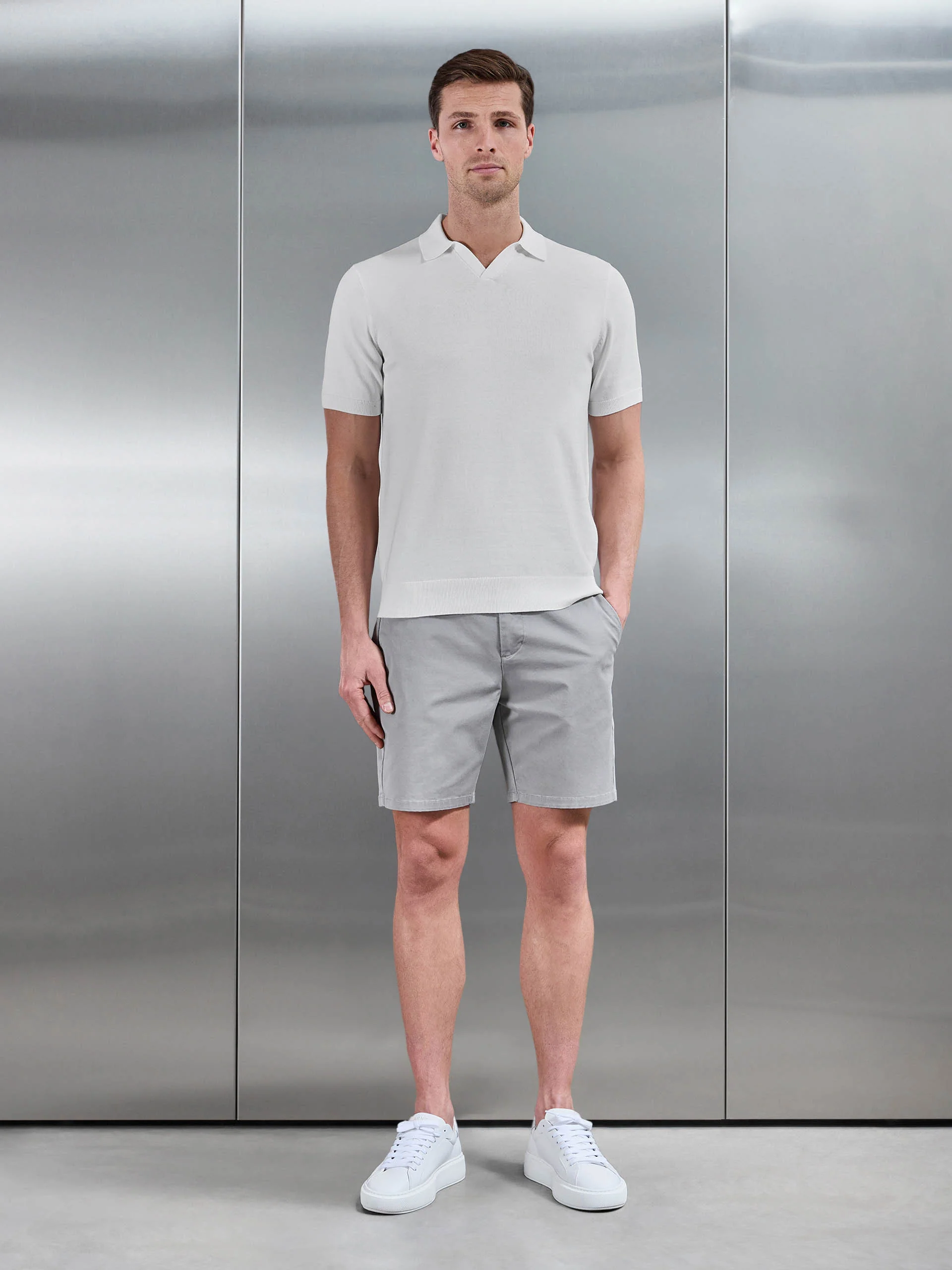Cotton Knitted Revere Collar Polo Shirt in White - Image 2