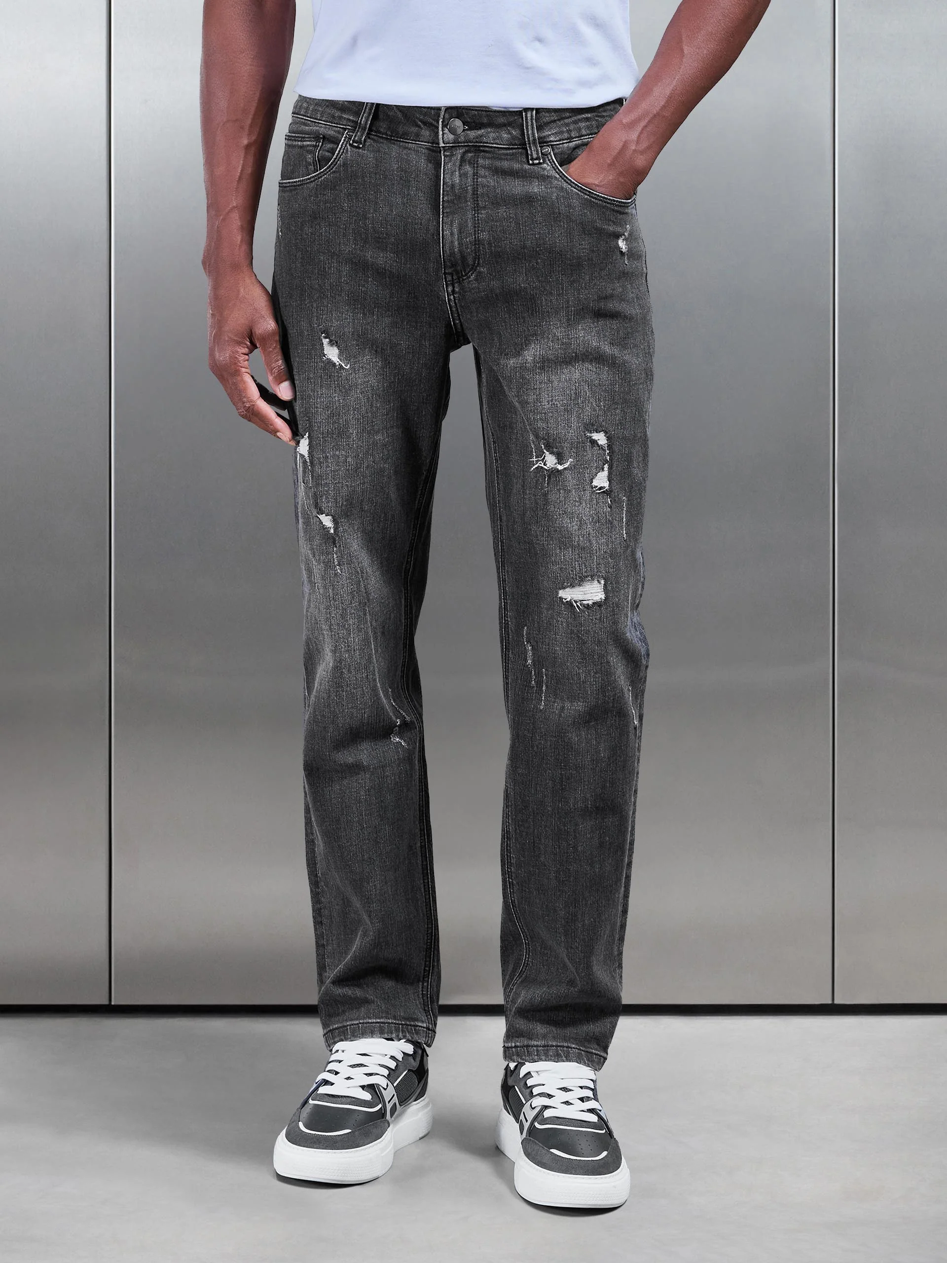 Distressed Straight Leg Denim Jeans in Grey Wash