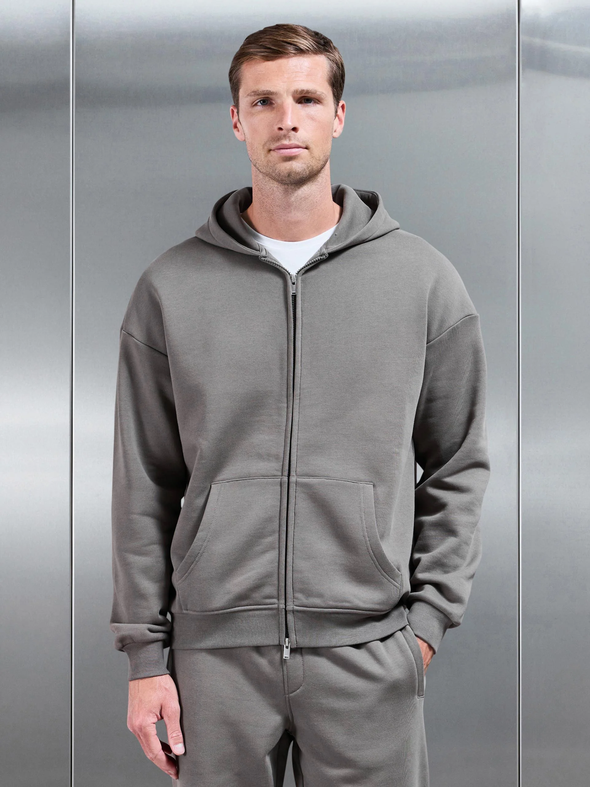 Essential Relaxed Fit Zip Through Hoodie in Grey