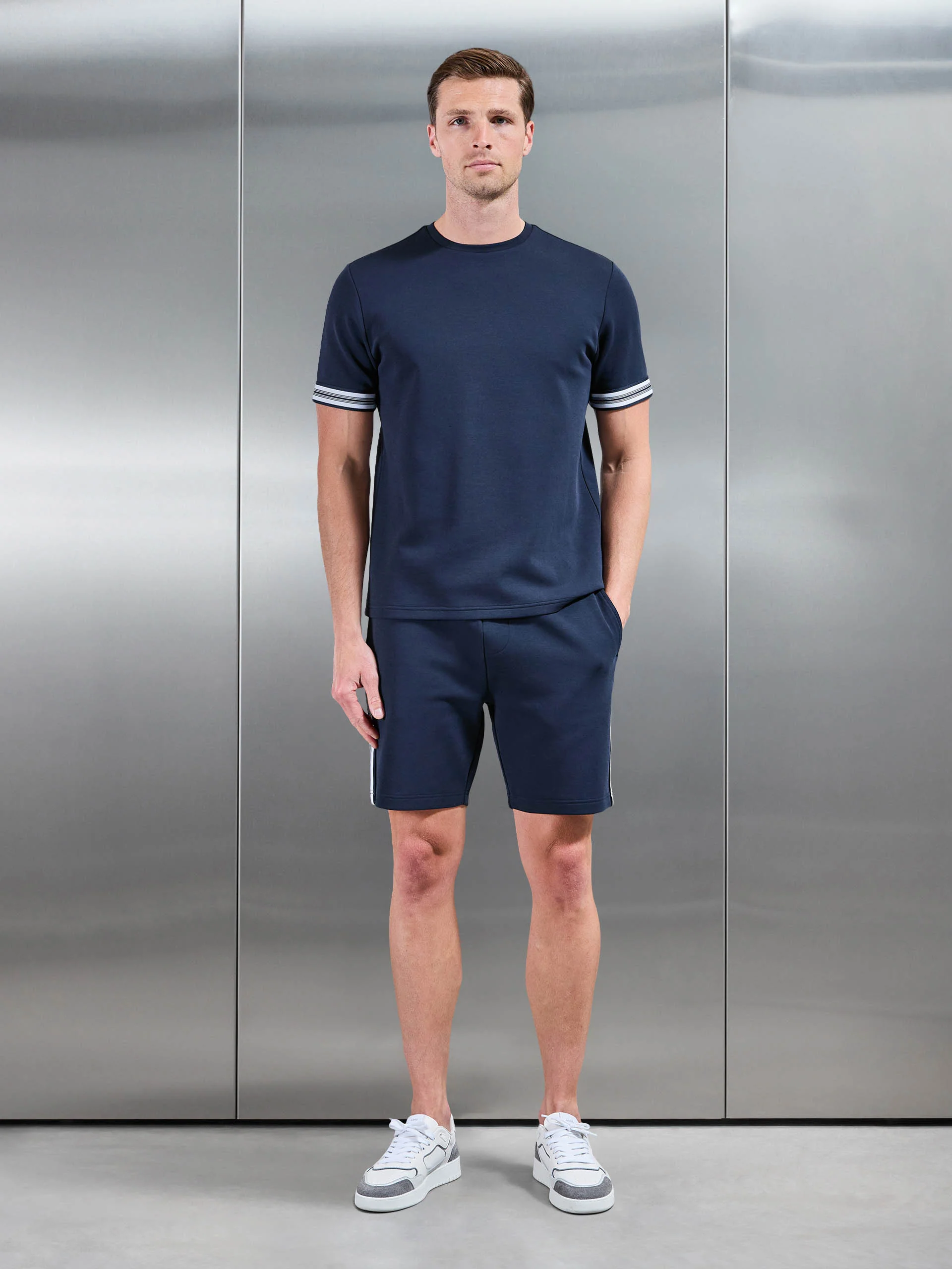 Everyday Luxe Stripe Cuff T-Shirt in Navy - Image 2