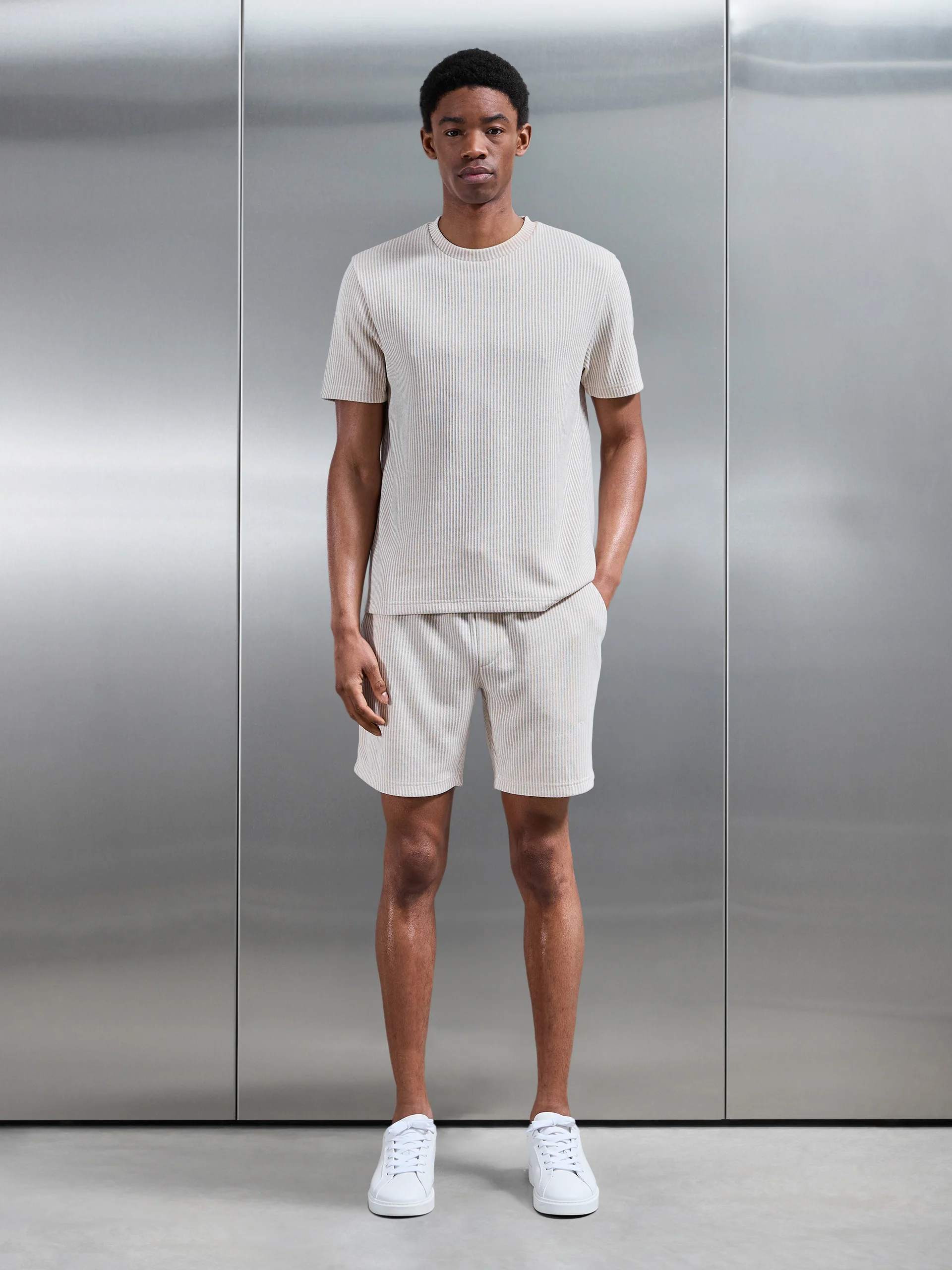Forde Knitted Stripe T-Shirt in Stone - Image 2