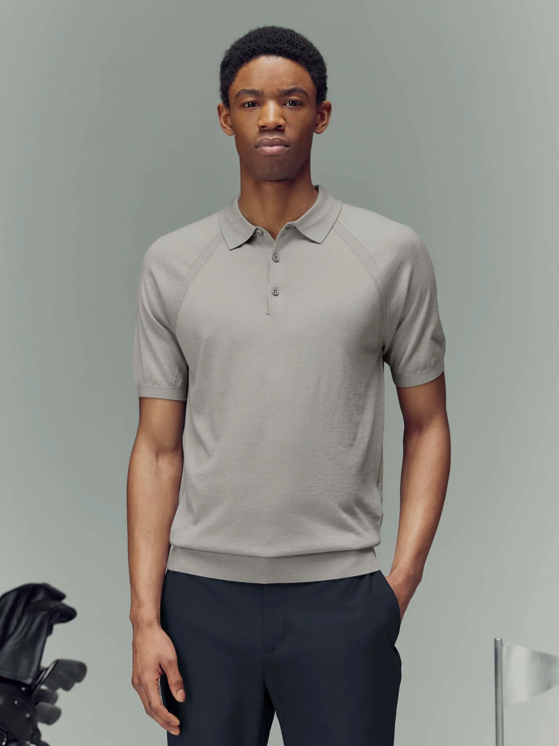 Golf Knitted Button Polo Shirt in Mid Grey