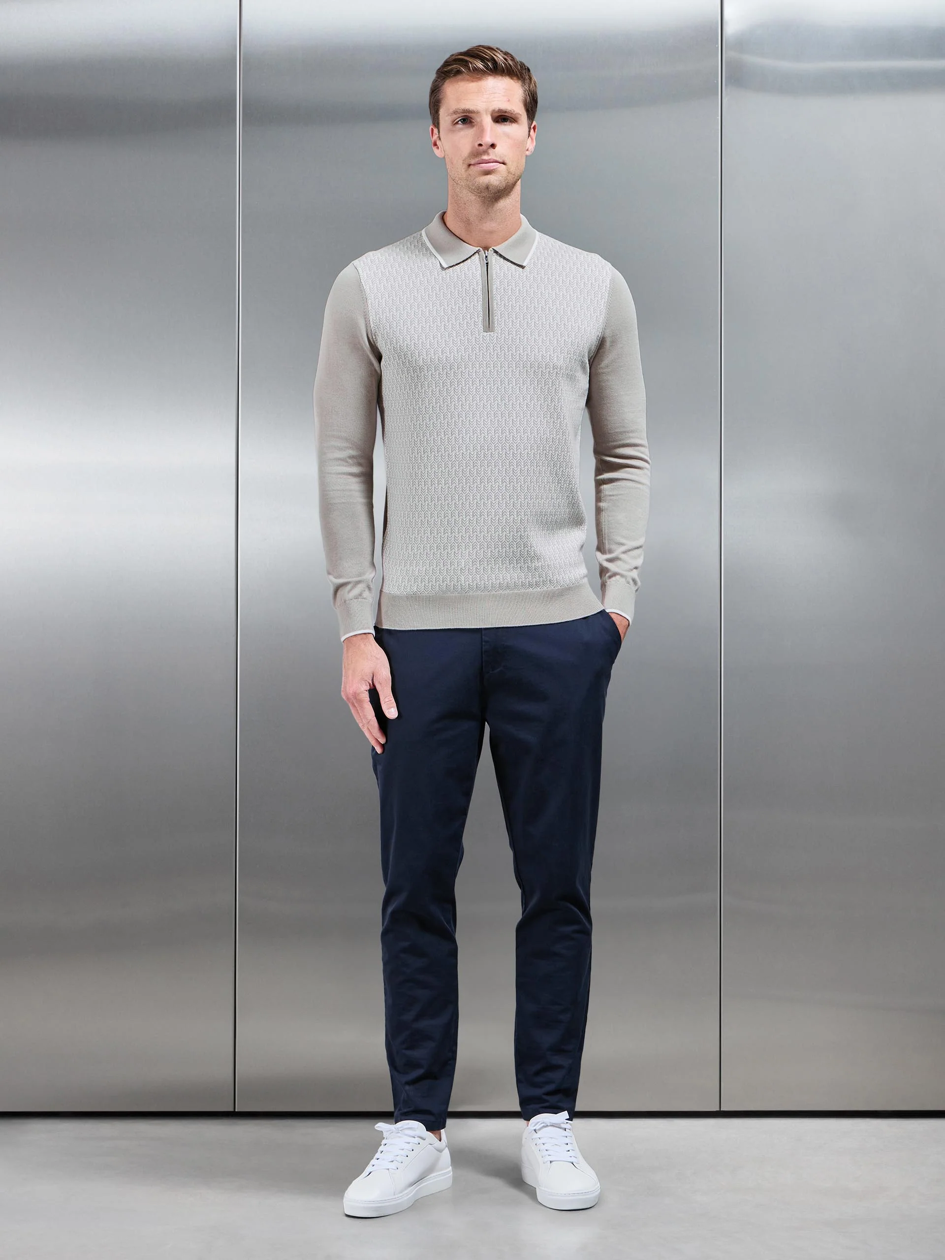 Herringbone Long Sleeve Zip Polo Shirt in Stone - Image 2