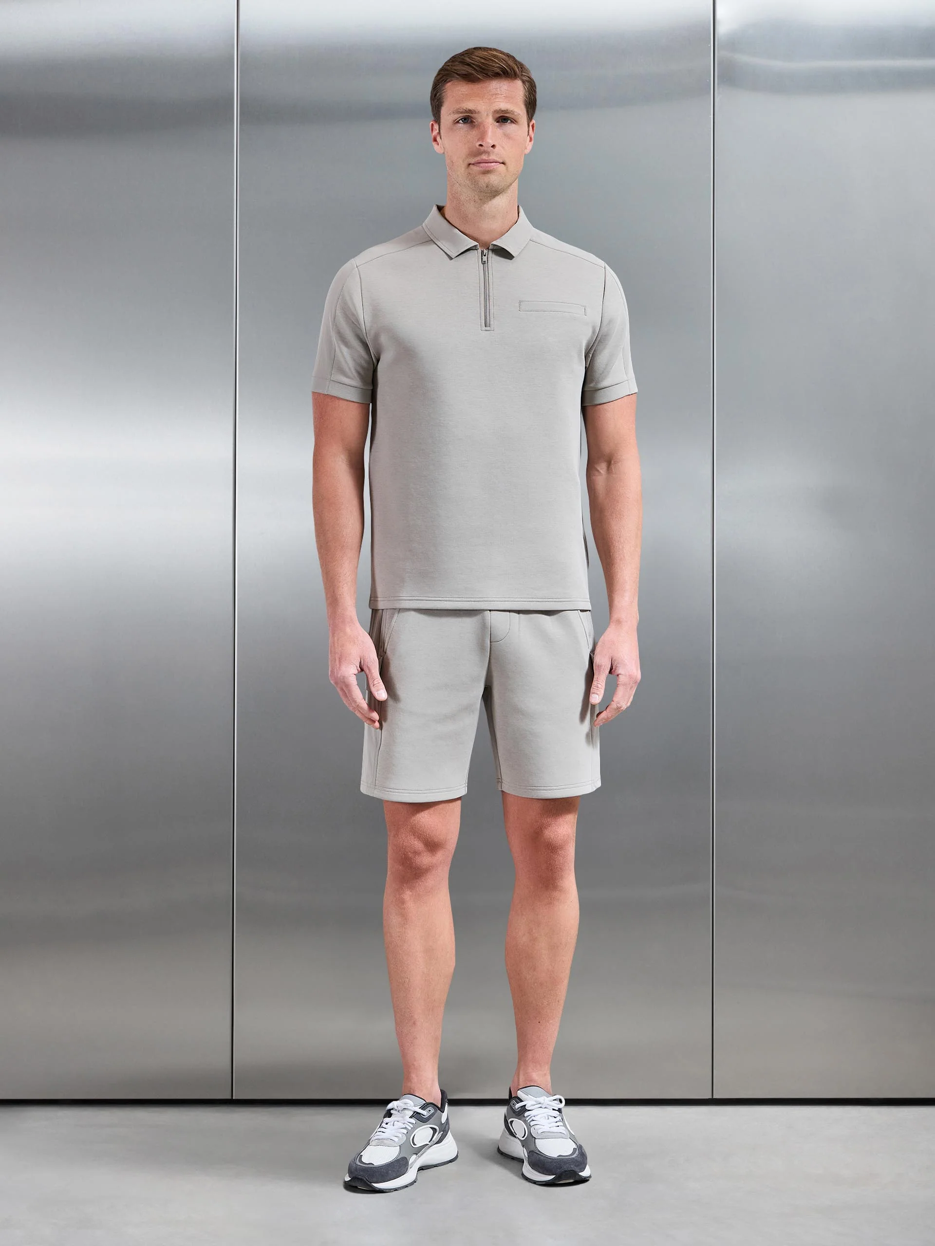 Hybrid Cargo Zip Polo Shirt in Stone - Image 2