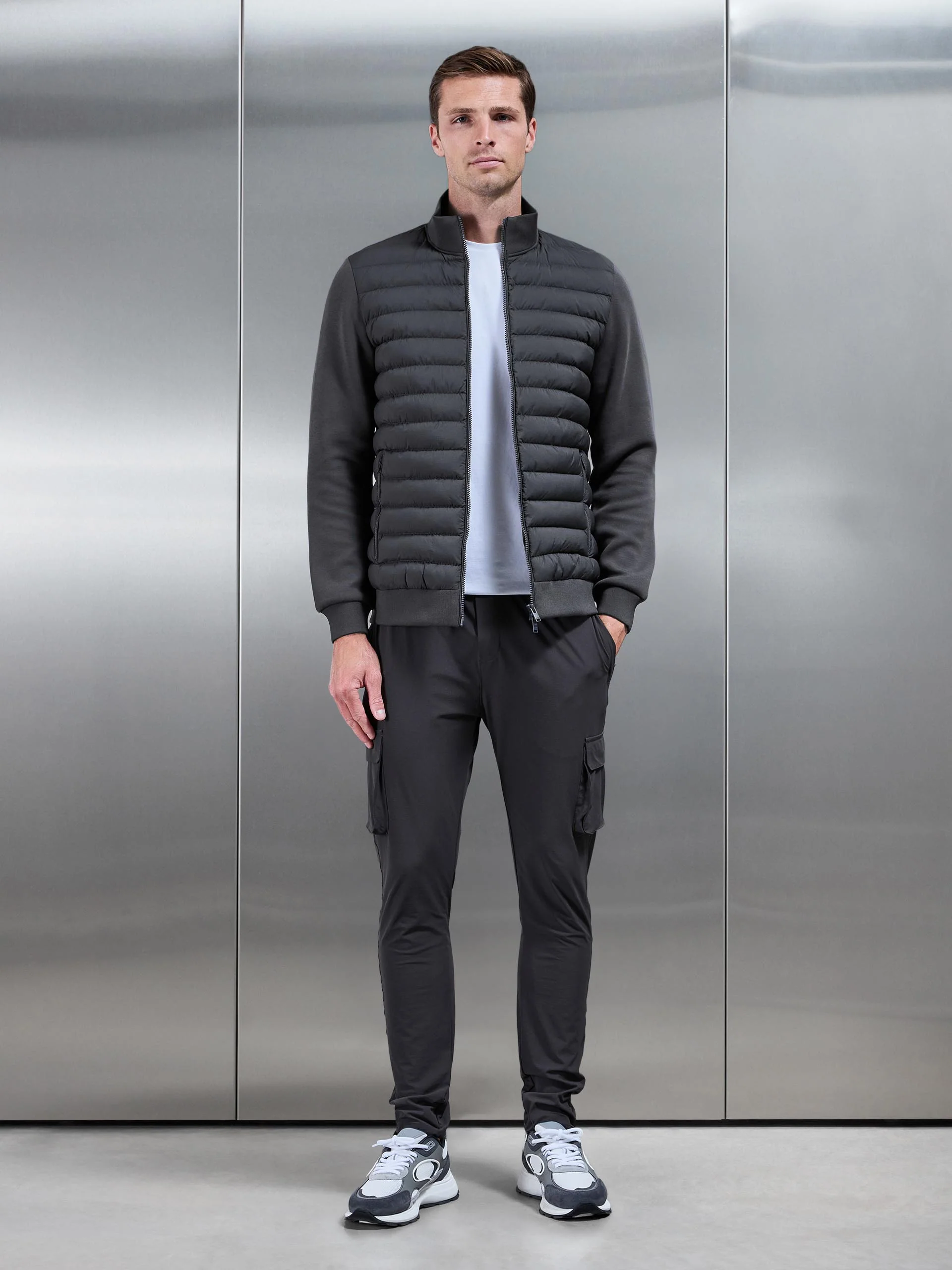 Hybrid Quilted Technical Funnel Neck Jacket in Grey - Image 2
