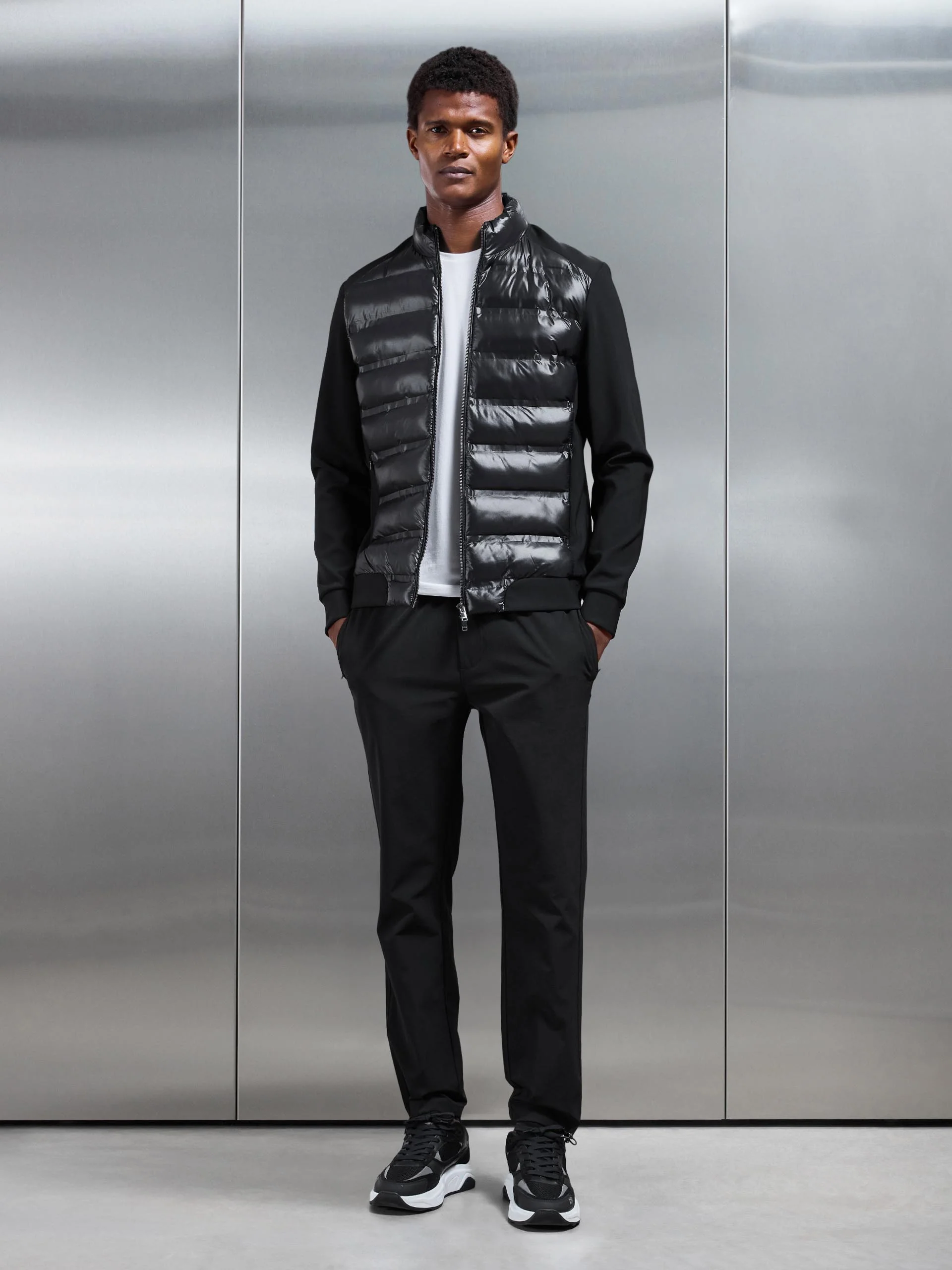 Hybrid Zip Through Puffer Jacket in Black - Image 2