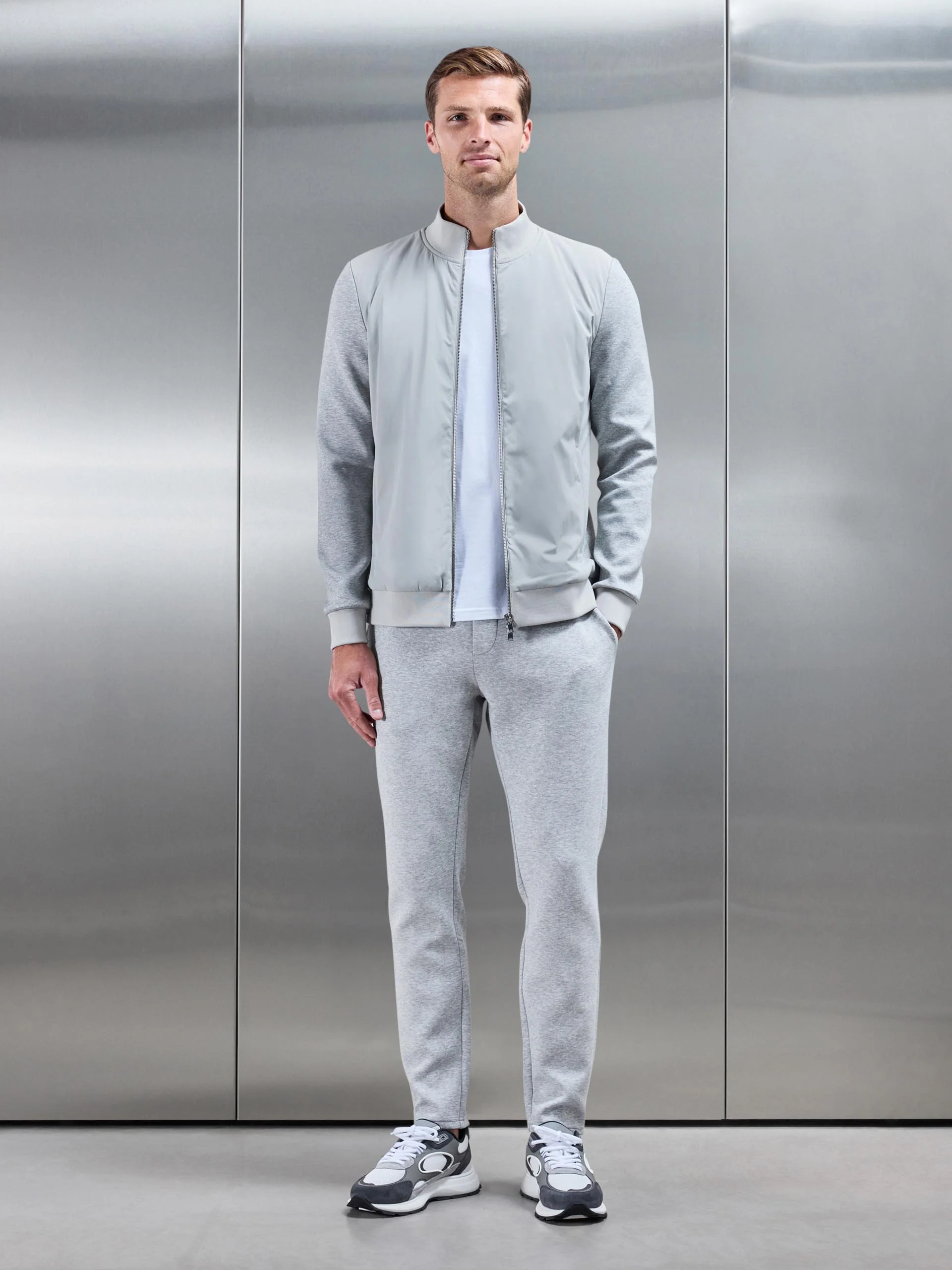 Interlock Jersey Hybrid Funnel Neck Jacket in Marl Grey - Image 2
