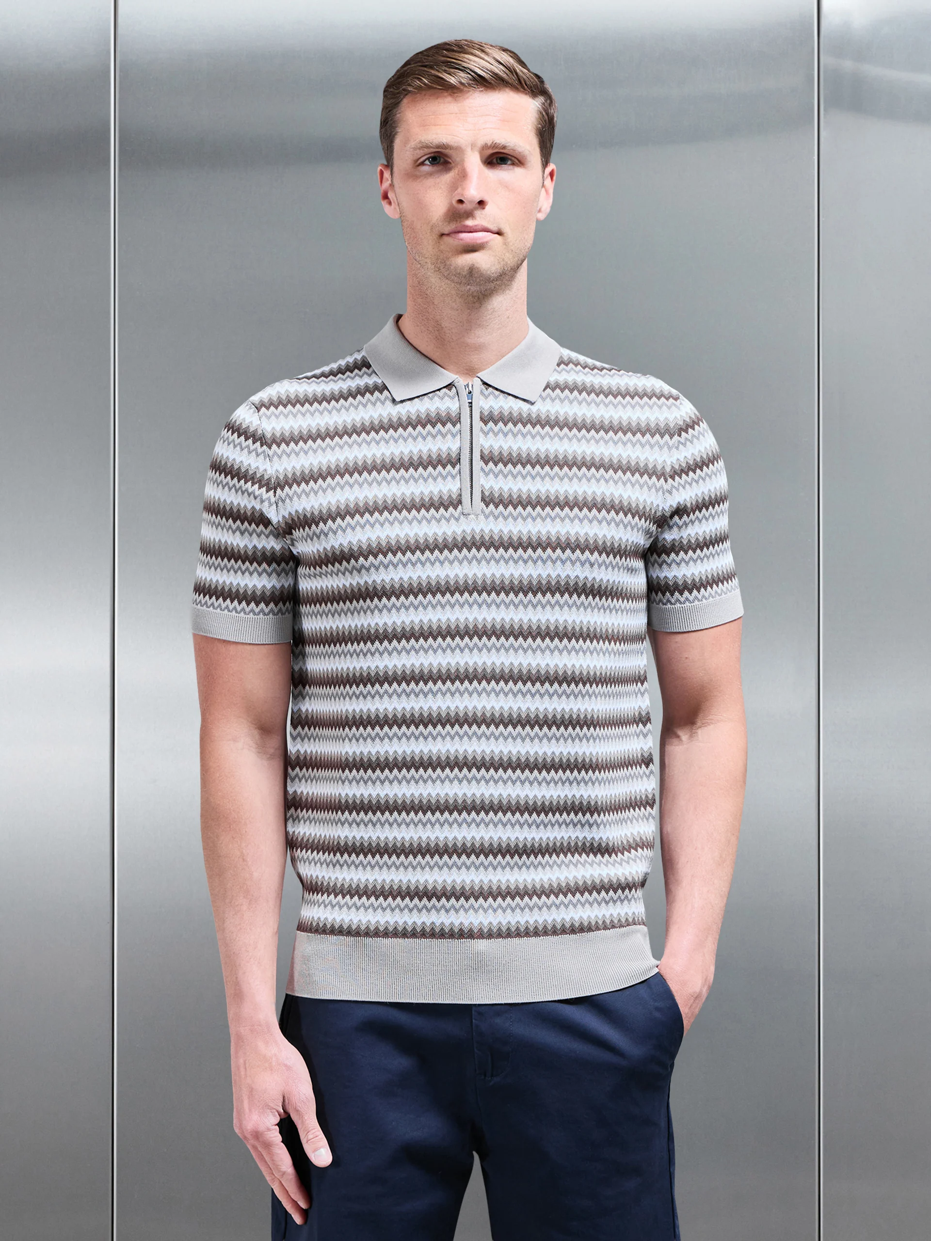 Jacquard Zig Zag Knitted Zip Polo Shirt in Stone