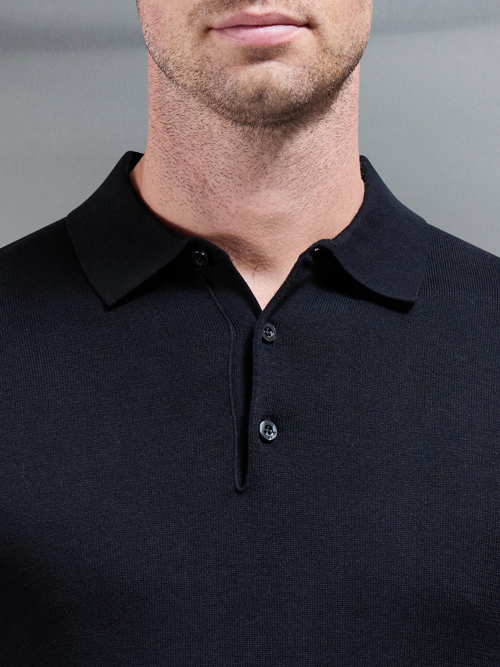 Knitted Button Polo Shirt in Black - Image 4