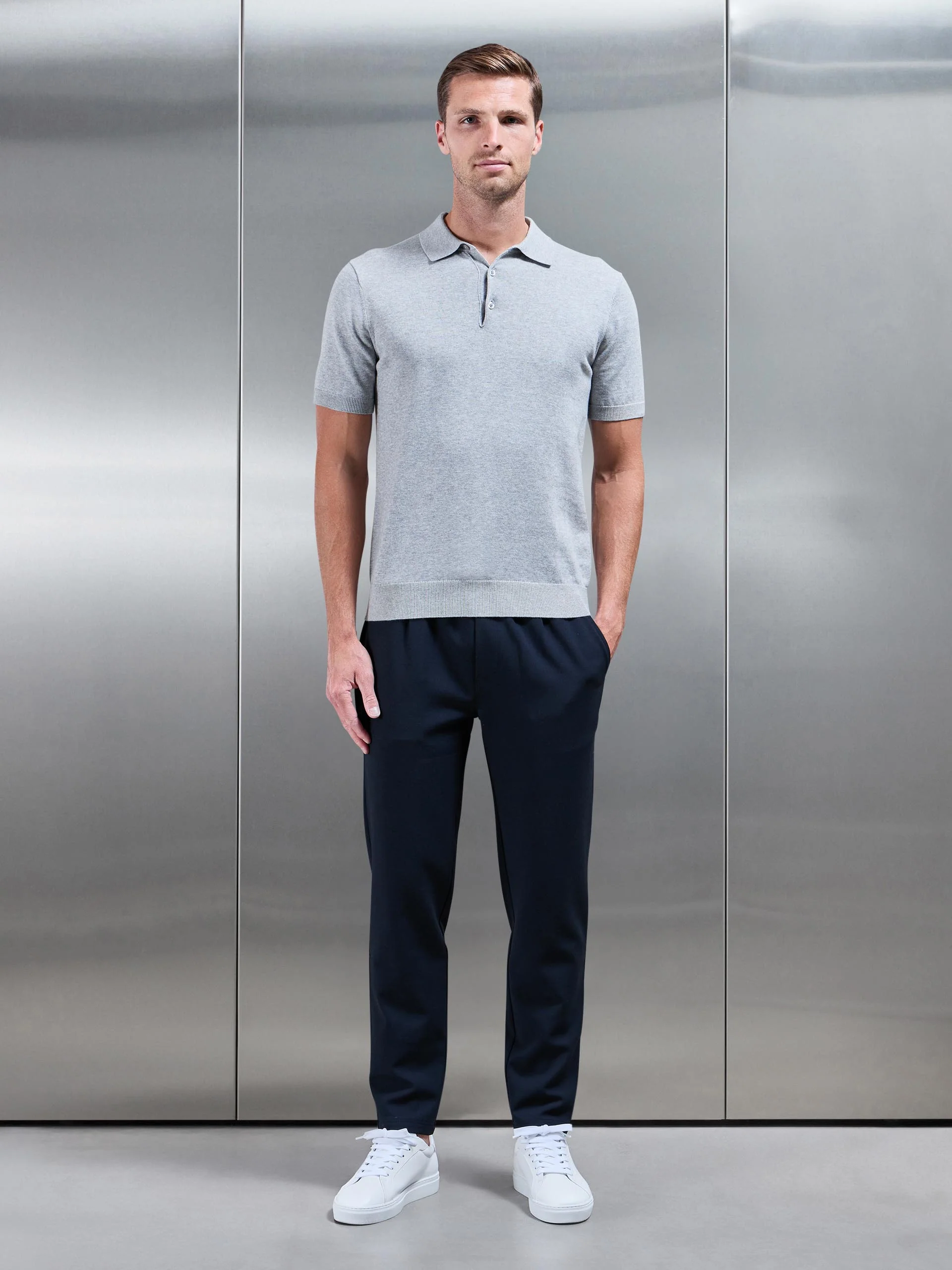 Knitted Button Polo Shirt in Marl Grey - Image 2