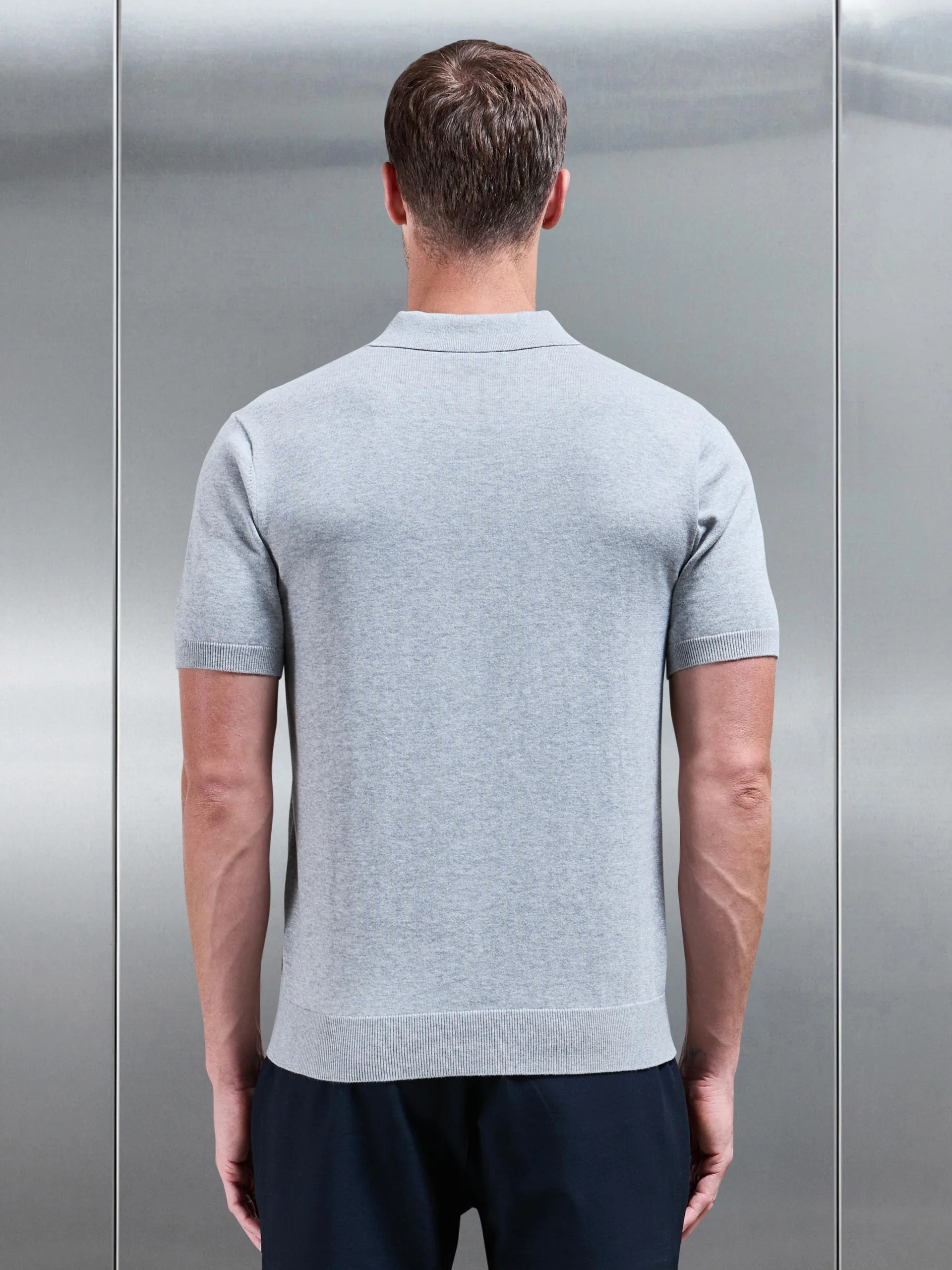 Knitted Button Polo Shirt in Marl Grey - Image 3