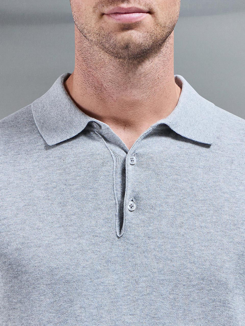 Knitted Button Polo Shirt in Marl Grey - Image 4