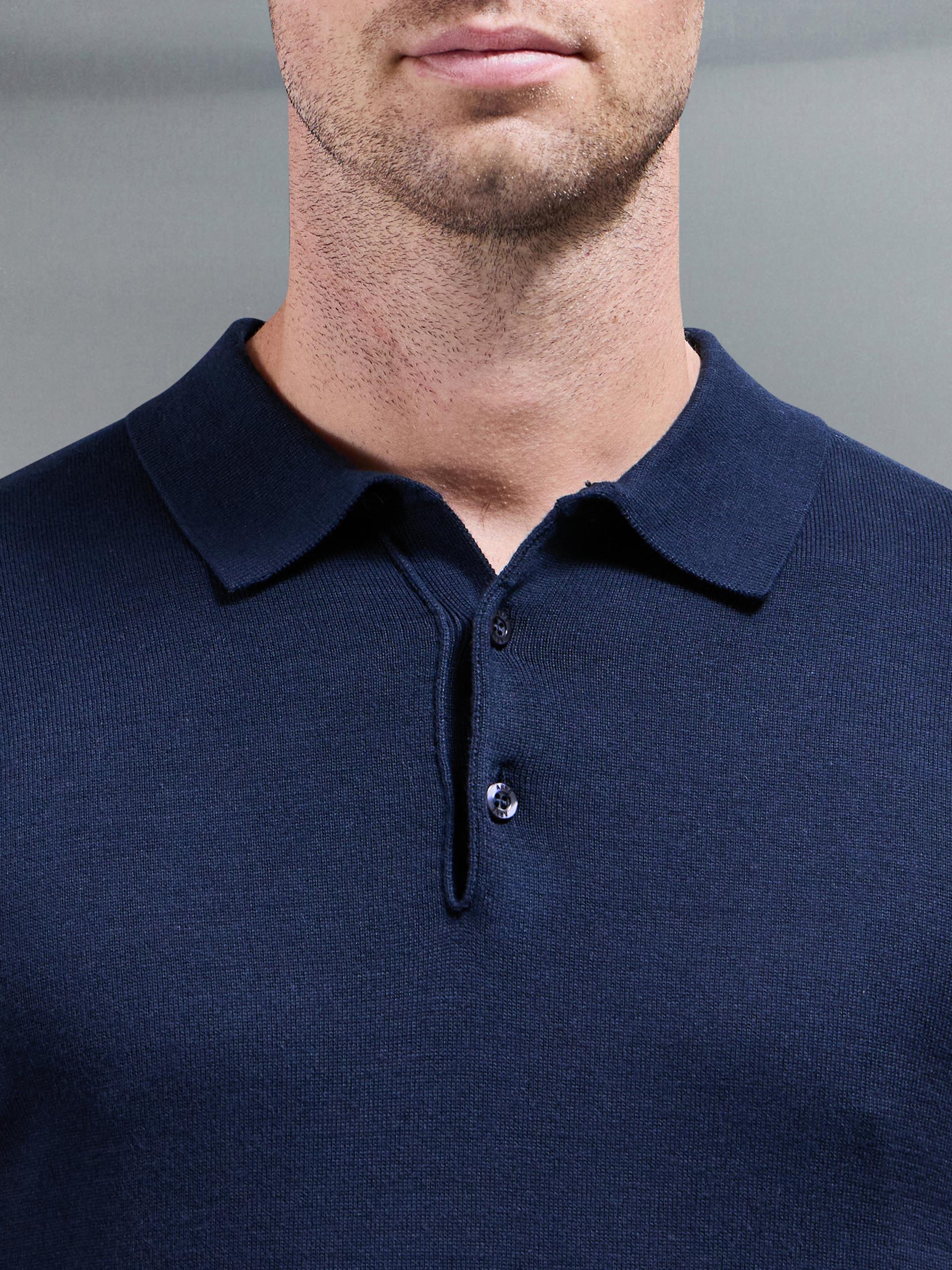 Knitted Button Polo Shirt in Navy - Image 4