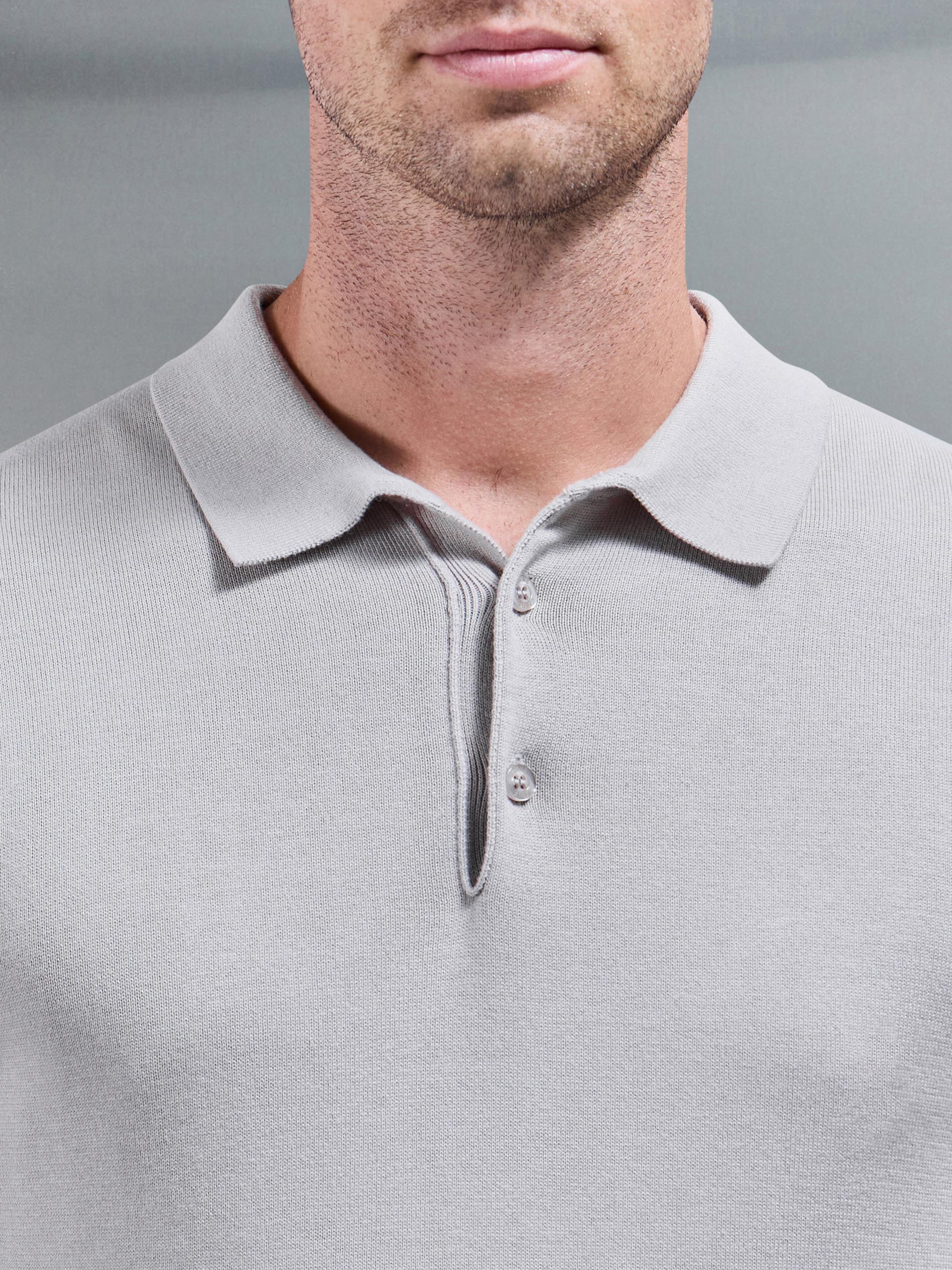 Knitted Button Polo Shirt in Stone - Image 4