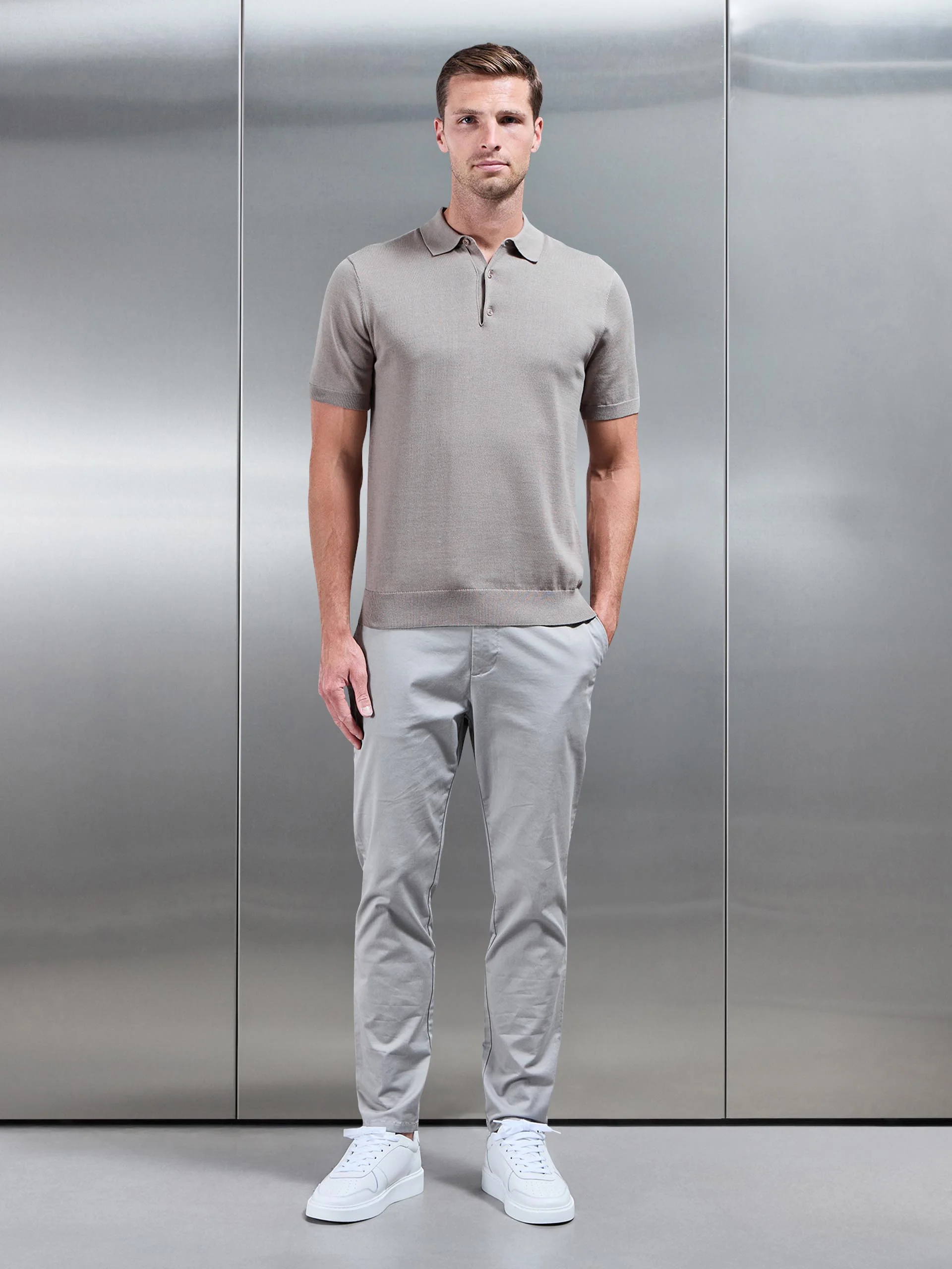 Knitted Button Polo Shirt in Taupe - Image 2