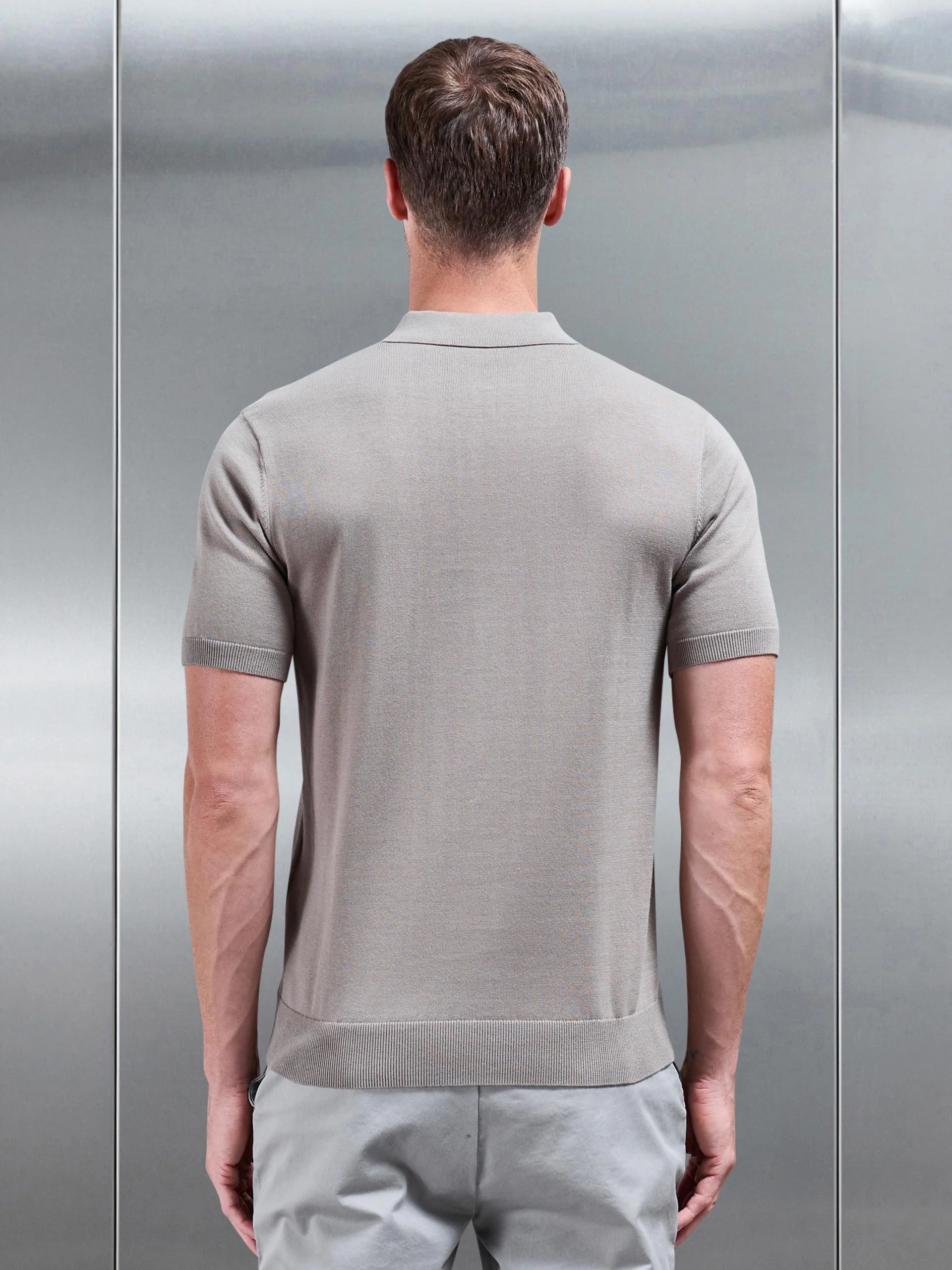 Knitted Button Polo Shirt in Taupe - Image 3