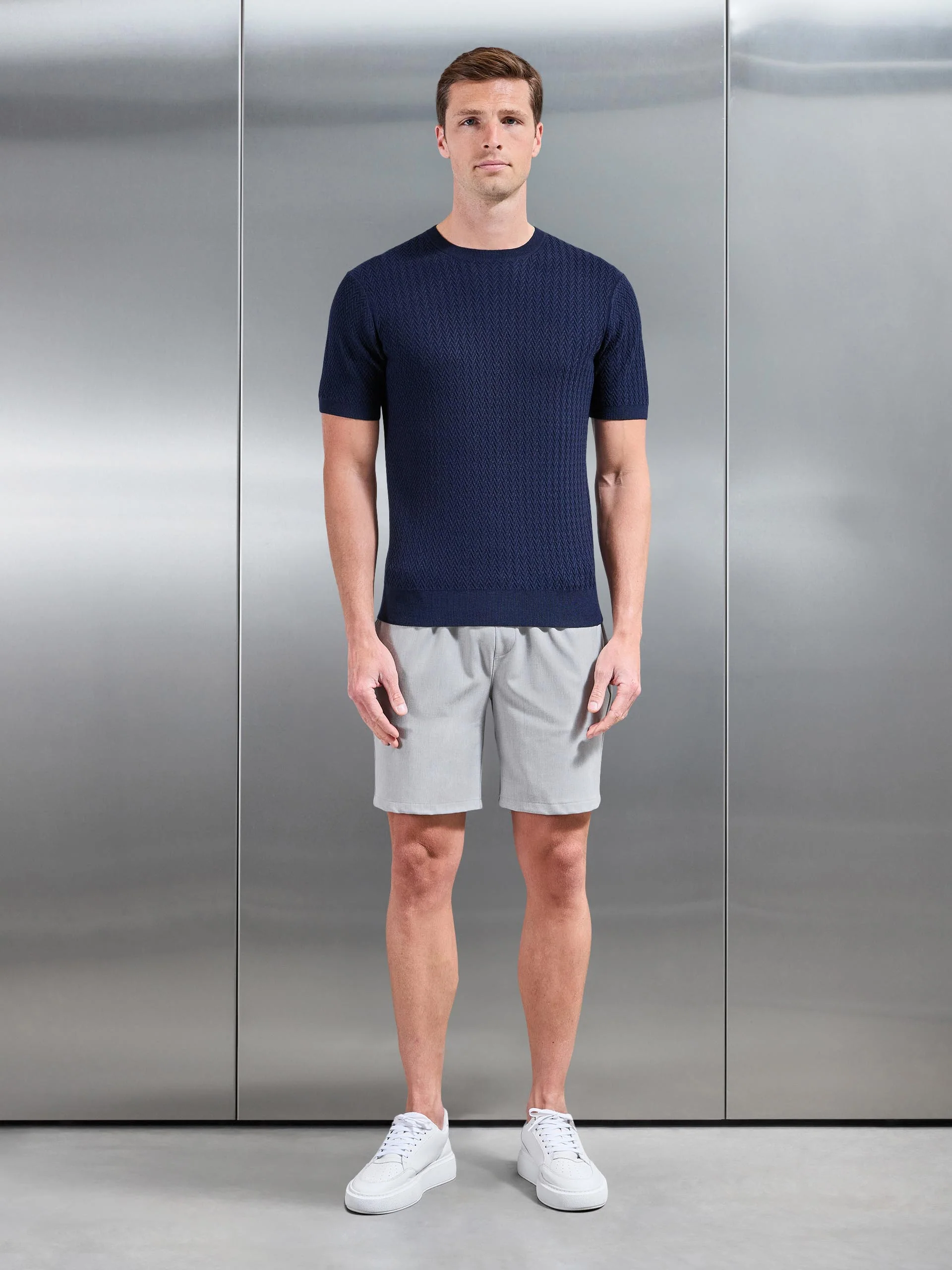 Knitted Zig Zag Crew Neck T-Shirt in Navy - Image 2