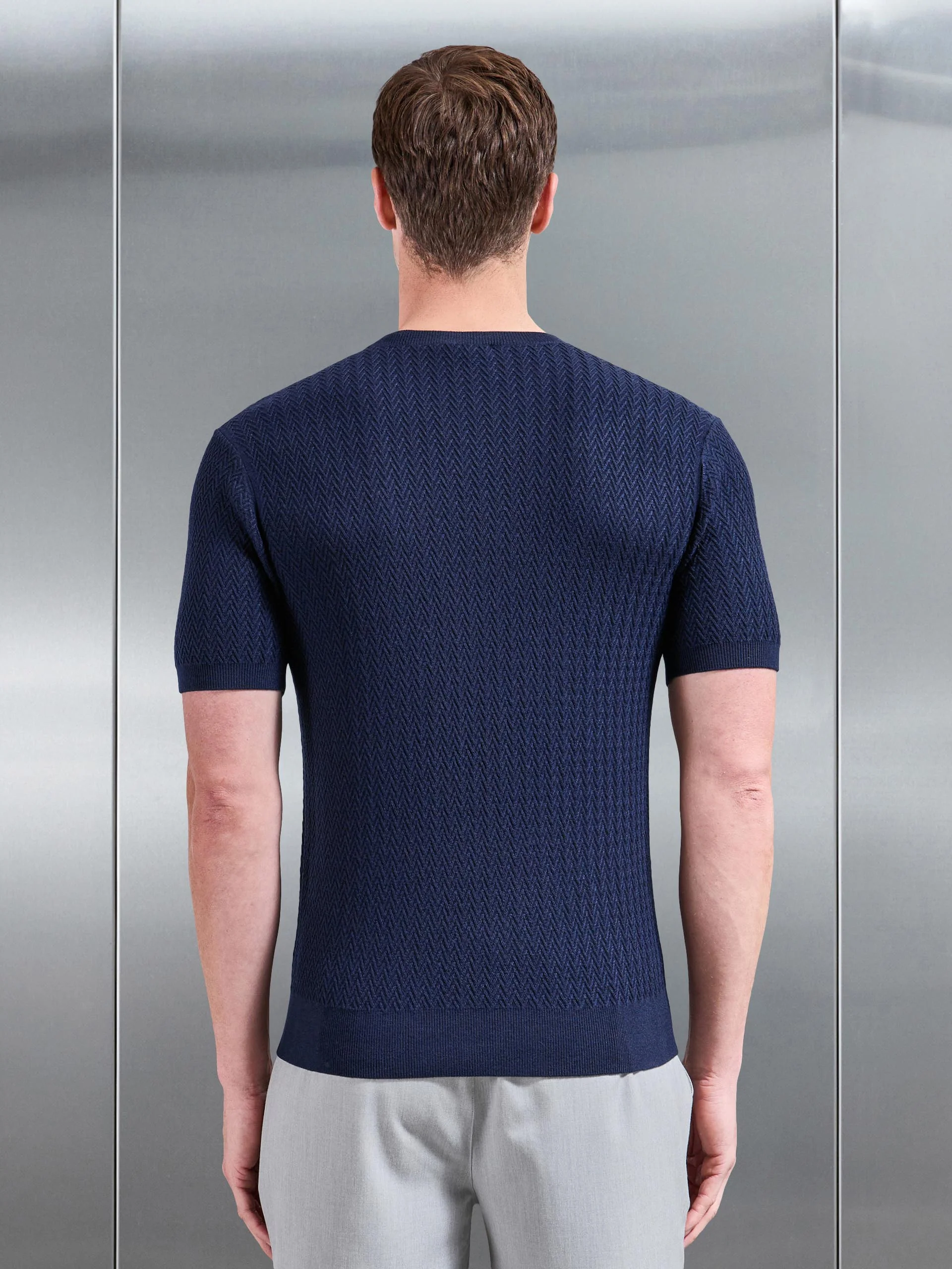 Knitted Zig Zag Crew Neck T-Shirt in Navy - Image 3