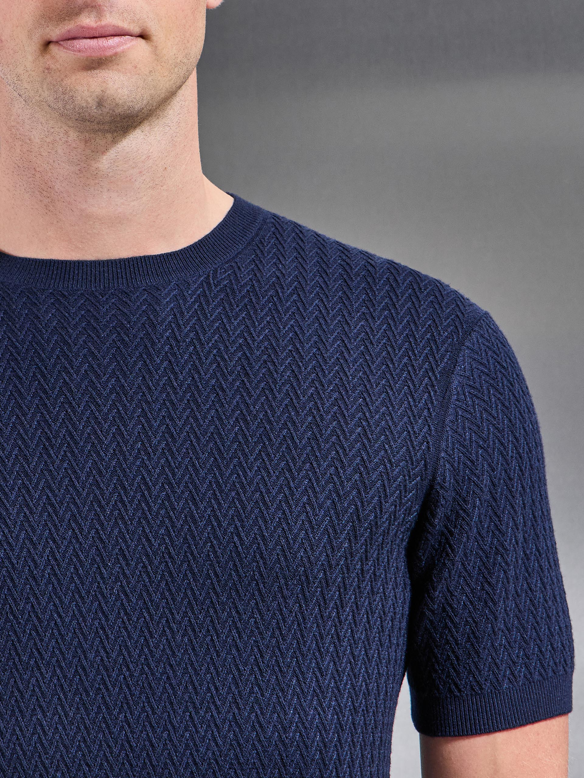 Knitted Zig Zag Crew Neck T-Shirt in Navy - Image 4
