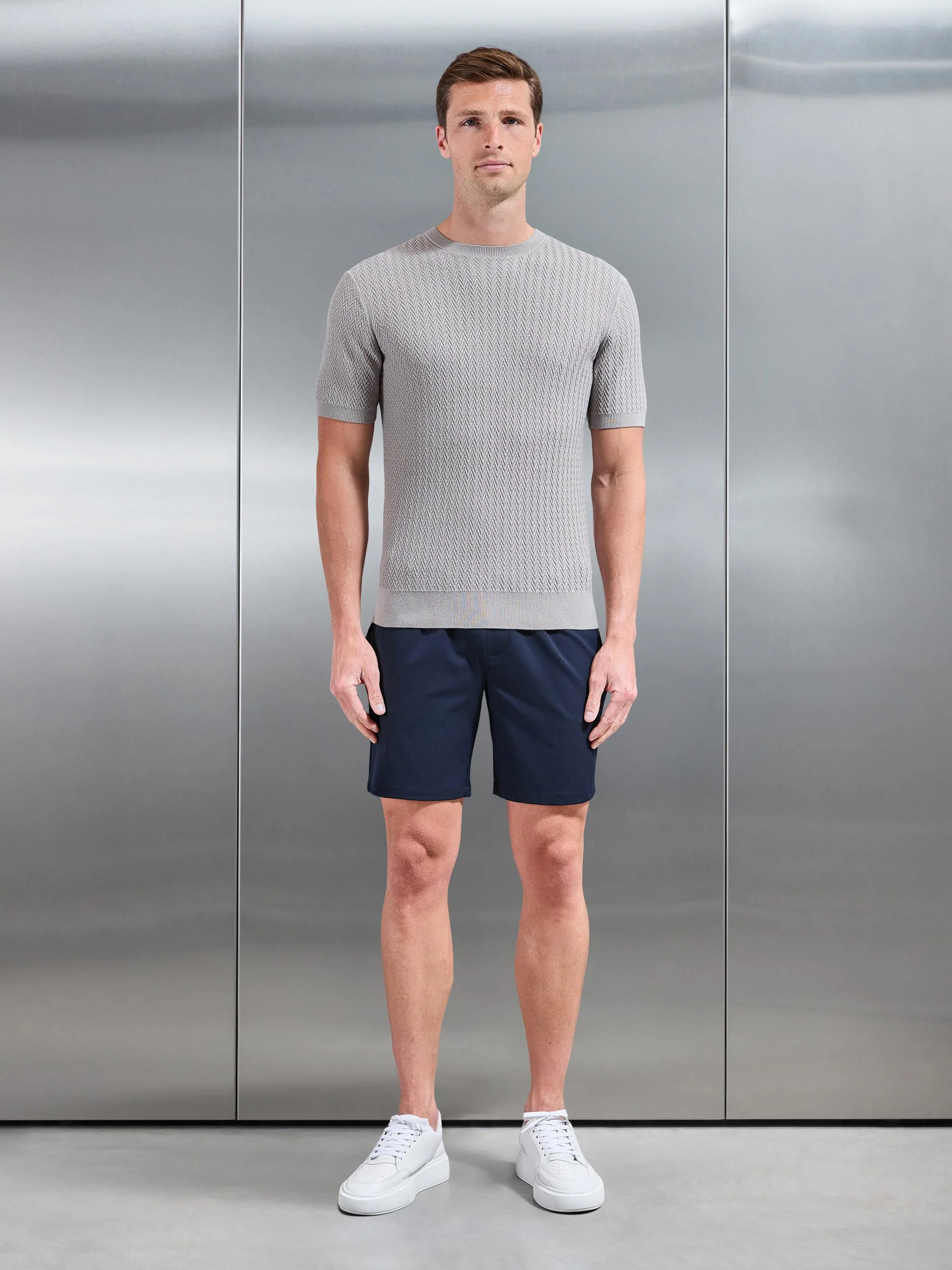Knitted Zig Zag Crew Neck T-Shirt in Stone - Image 2