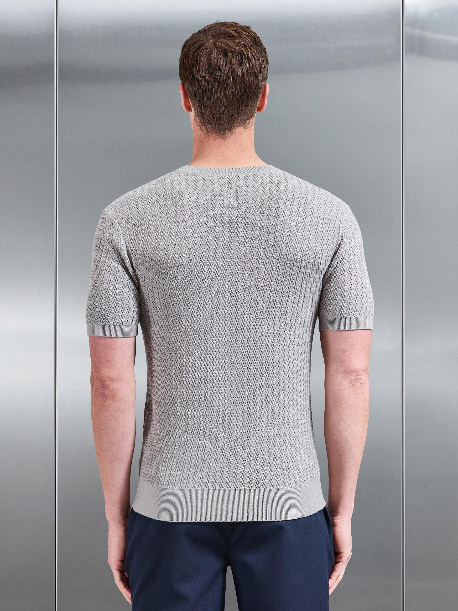 Knitted Zig Zag Crew Neck T-Shirt in Stone - Image 3
