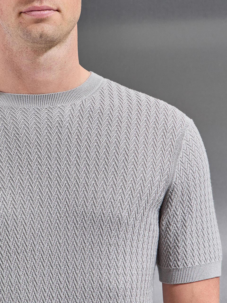 Knitted Zig Zag Crew Neck T-Shirt in Stone - Image 4
