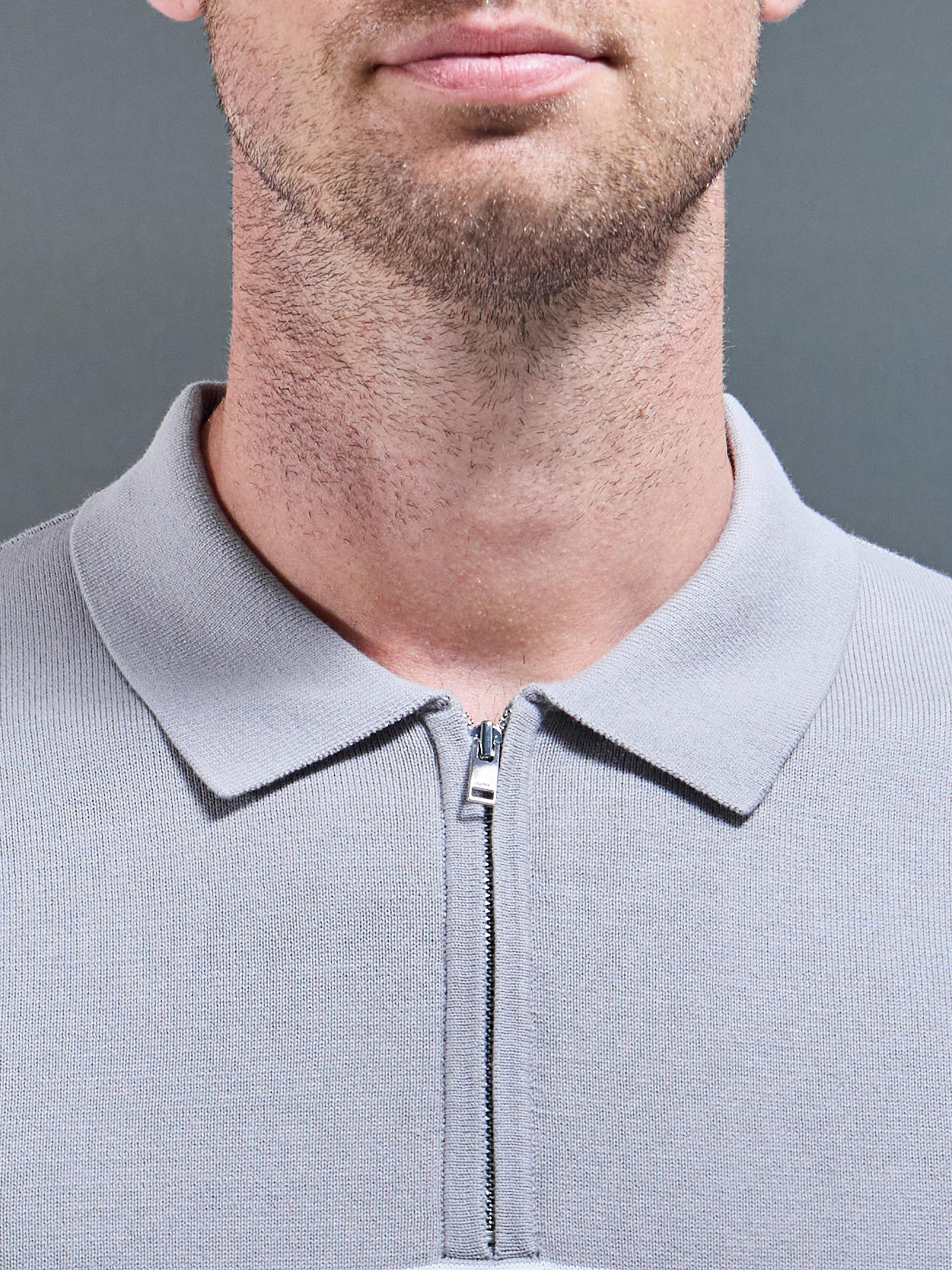 Lario Knitted Zip Polo Shirt in Mid Grey - Image 3
