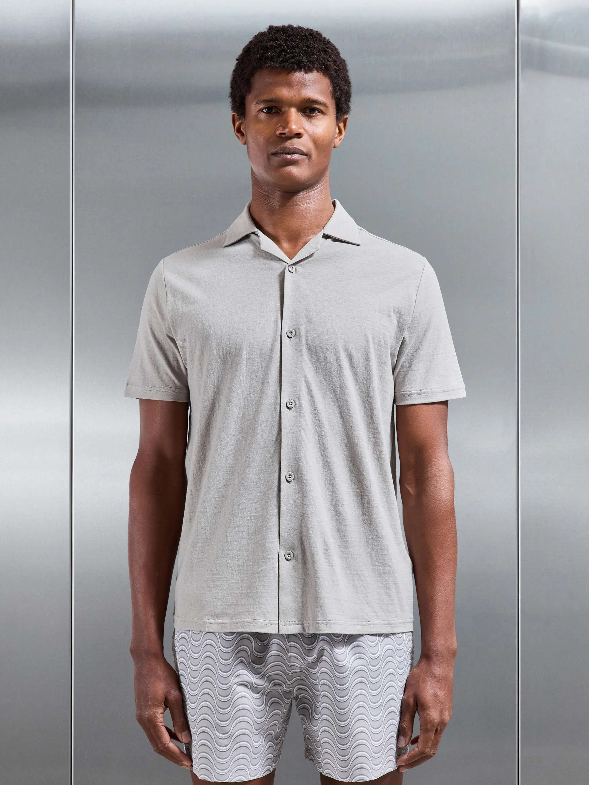 Linen Blend Revere Collar Shirt in Stone