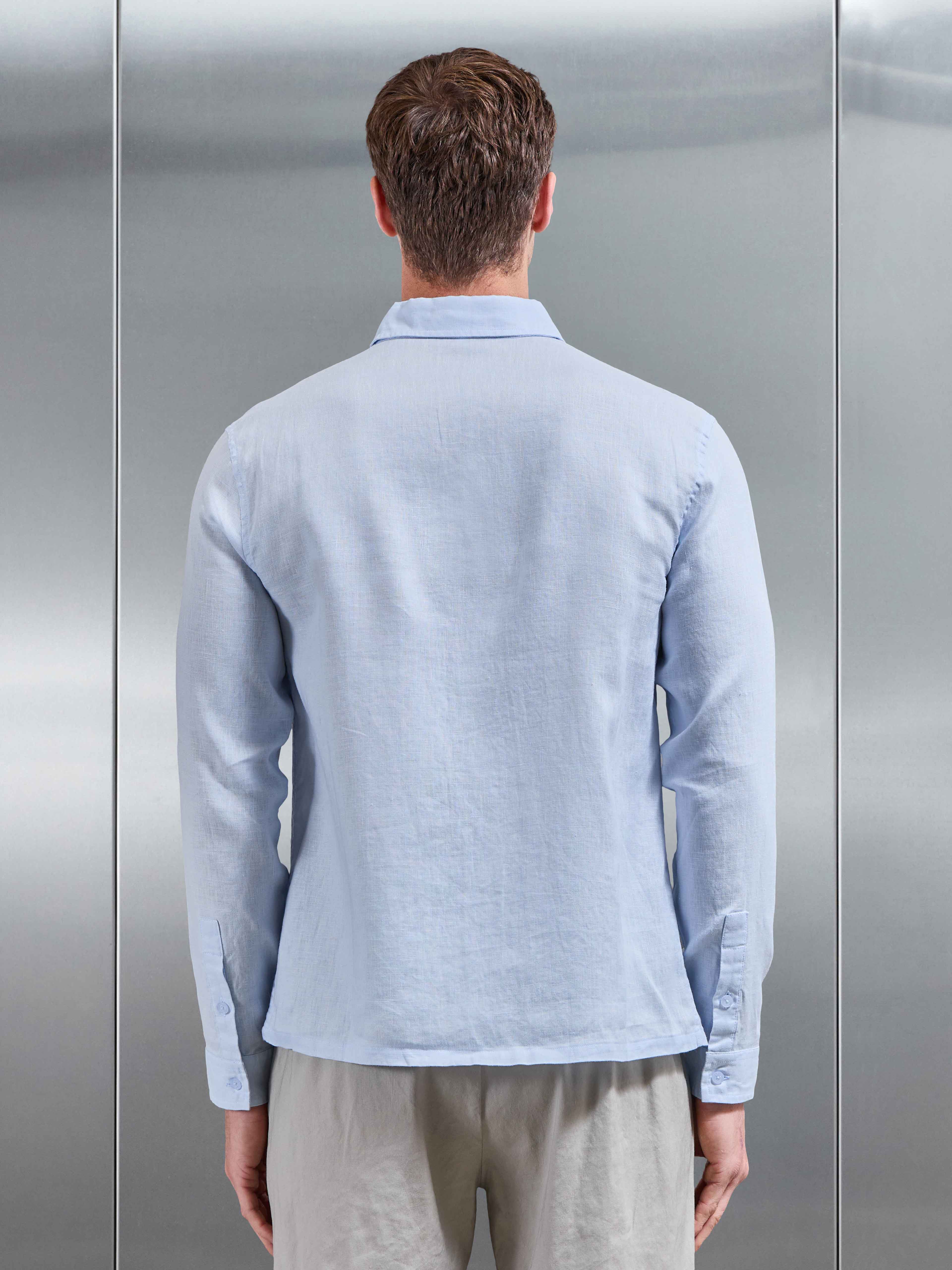 Linen Long Sleeve Cutaway Collar Shirt in Light Blue - Image 3