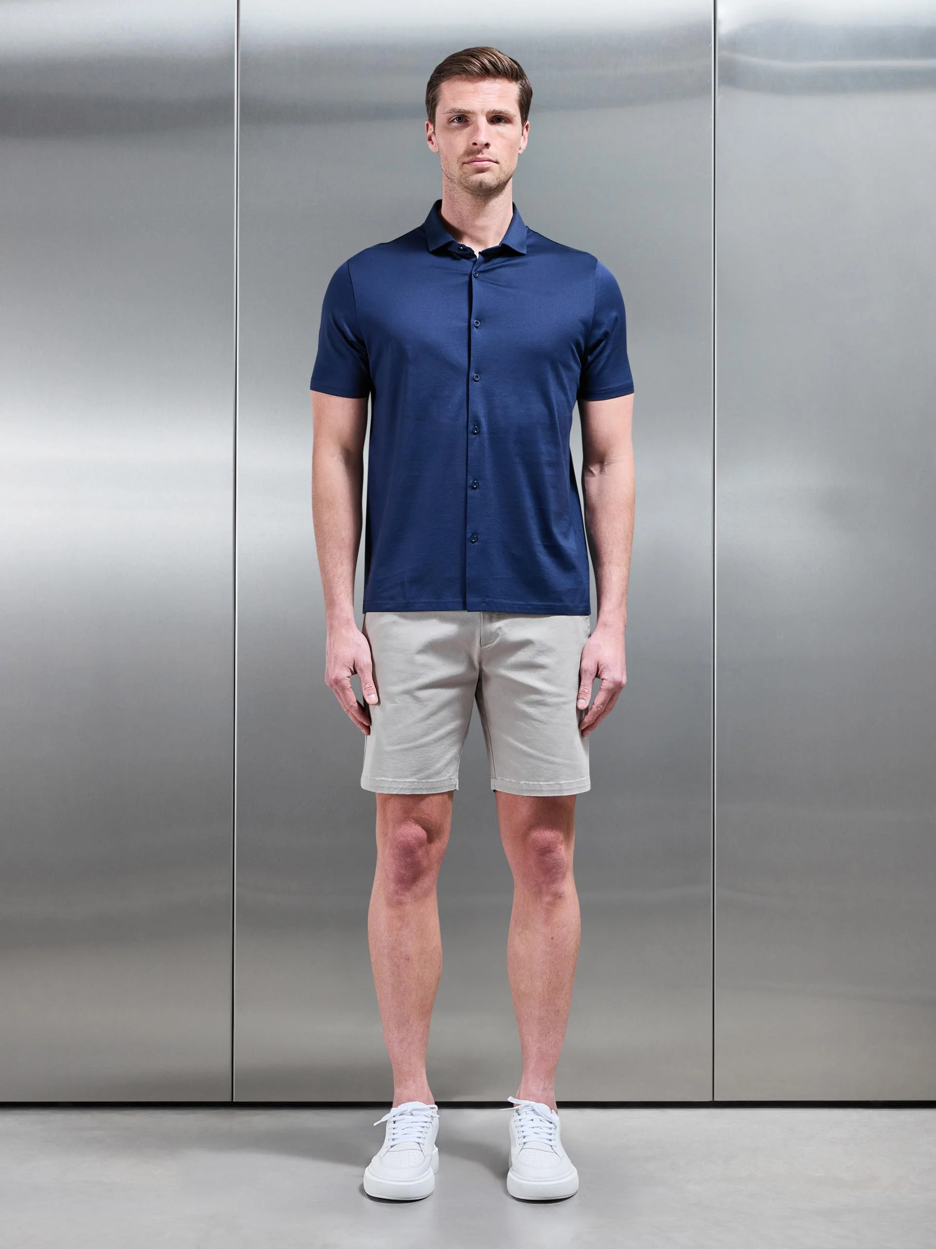 Mercerised Cotton Short Sleeve Shirt in Navy - Image 2