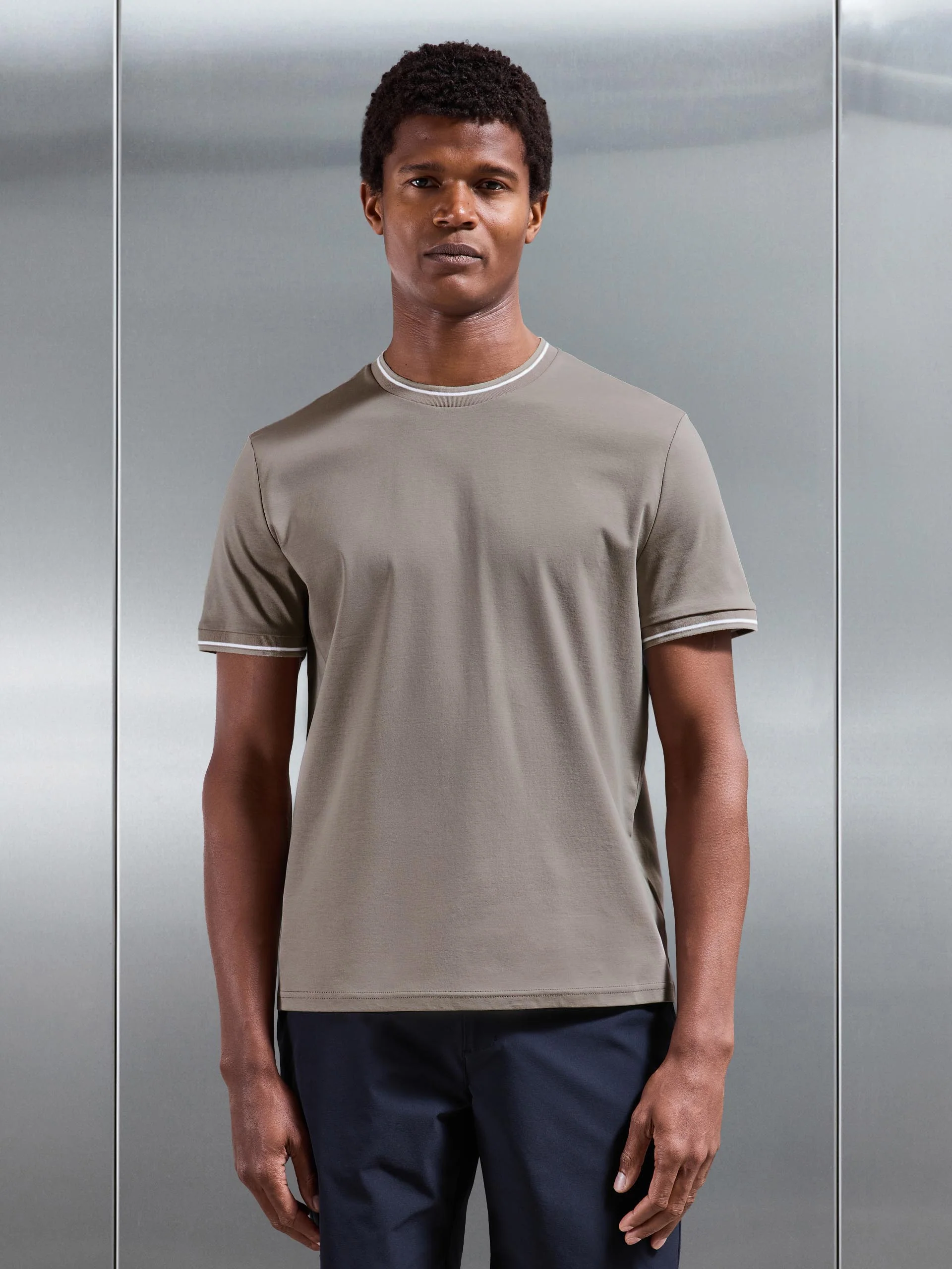 Mercerised Interlock Tipped T-Shirt in Taupe