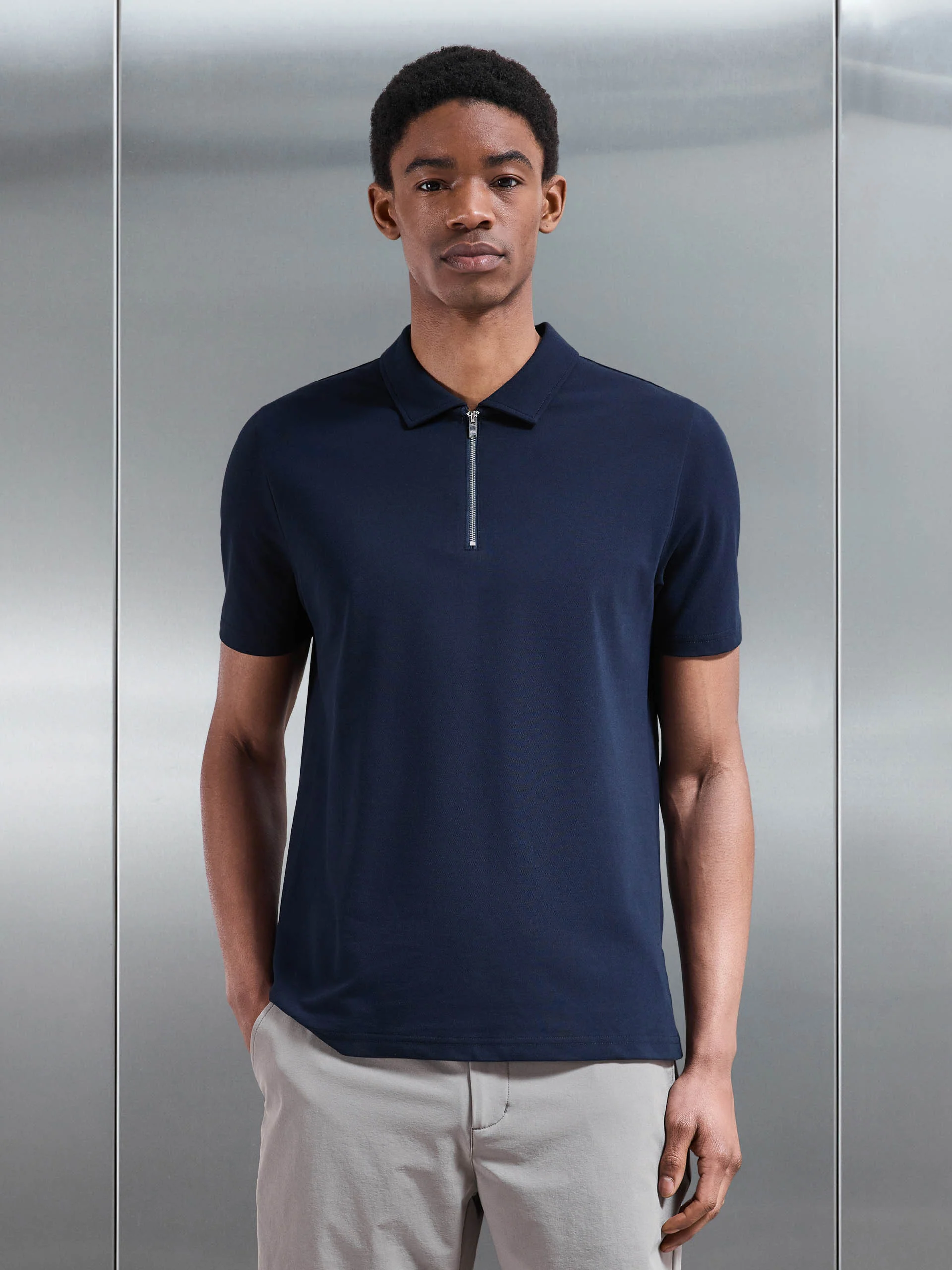 Mercerised Pique Zip Polo Shirt in Navy